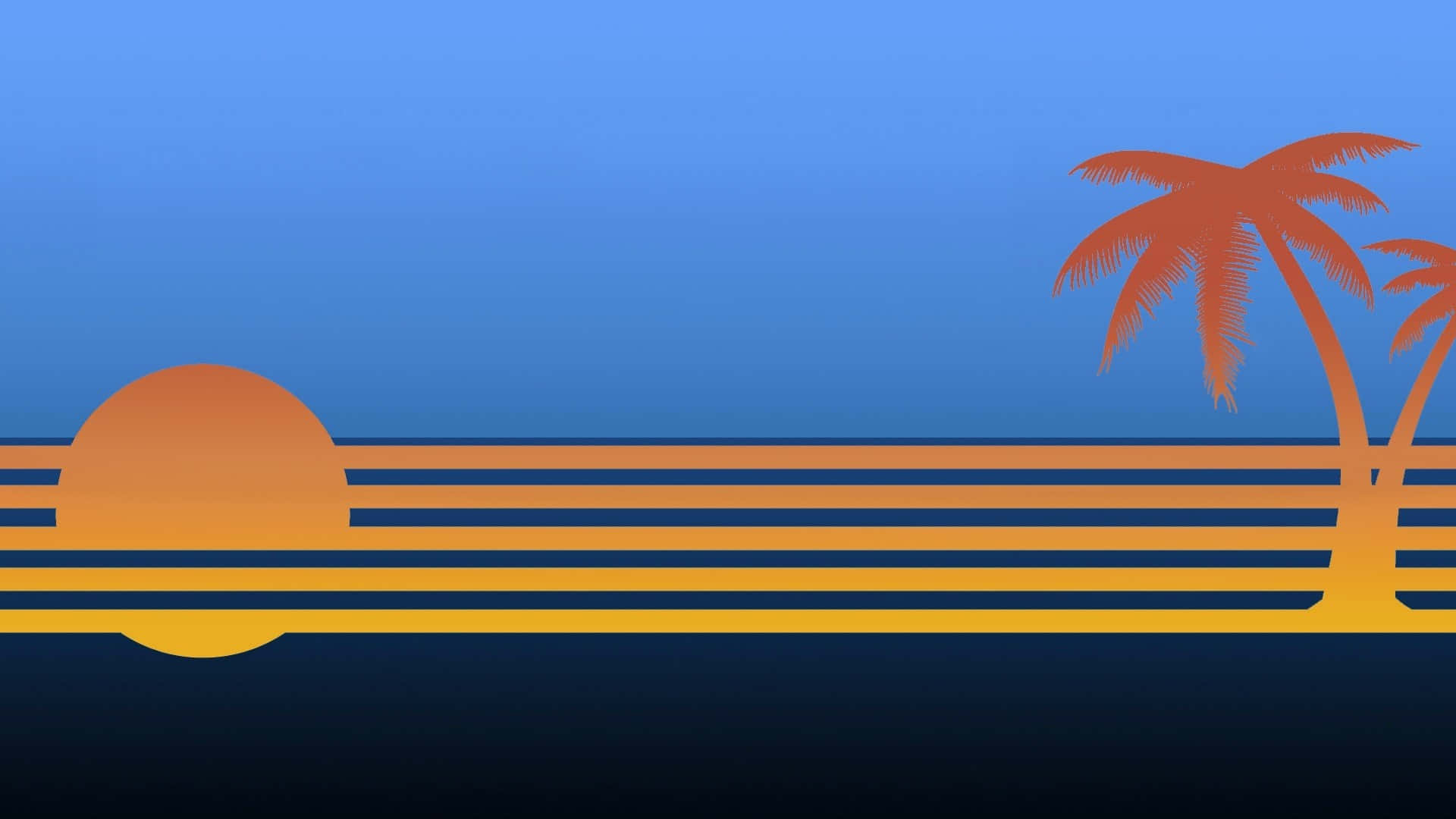 Palm 桌布 壁紙 — 風格化的日落，橙色太陽和棕櫚樹映襯著漸變藍色天空和條紋海洋。