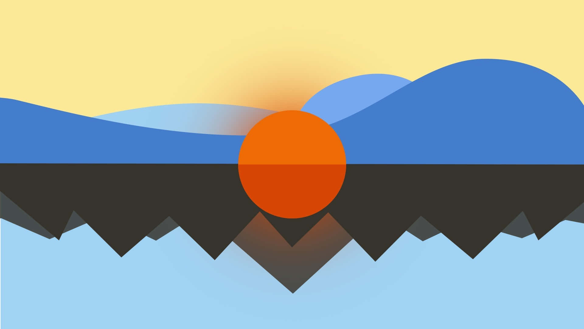 Minimalist Abstract 桌布 壁紙 — 風格化的日落，橙色的太陽在黃色天空下，落在鋸齒狀的黑暗山脈和層疊的藍色山丘後面。