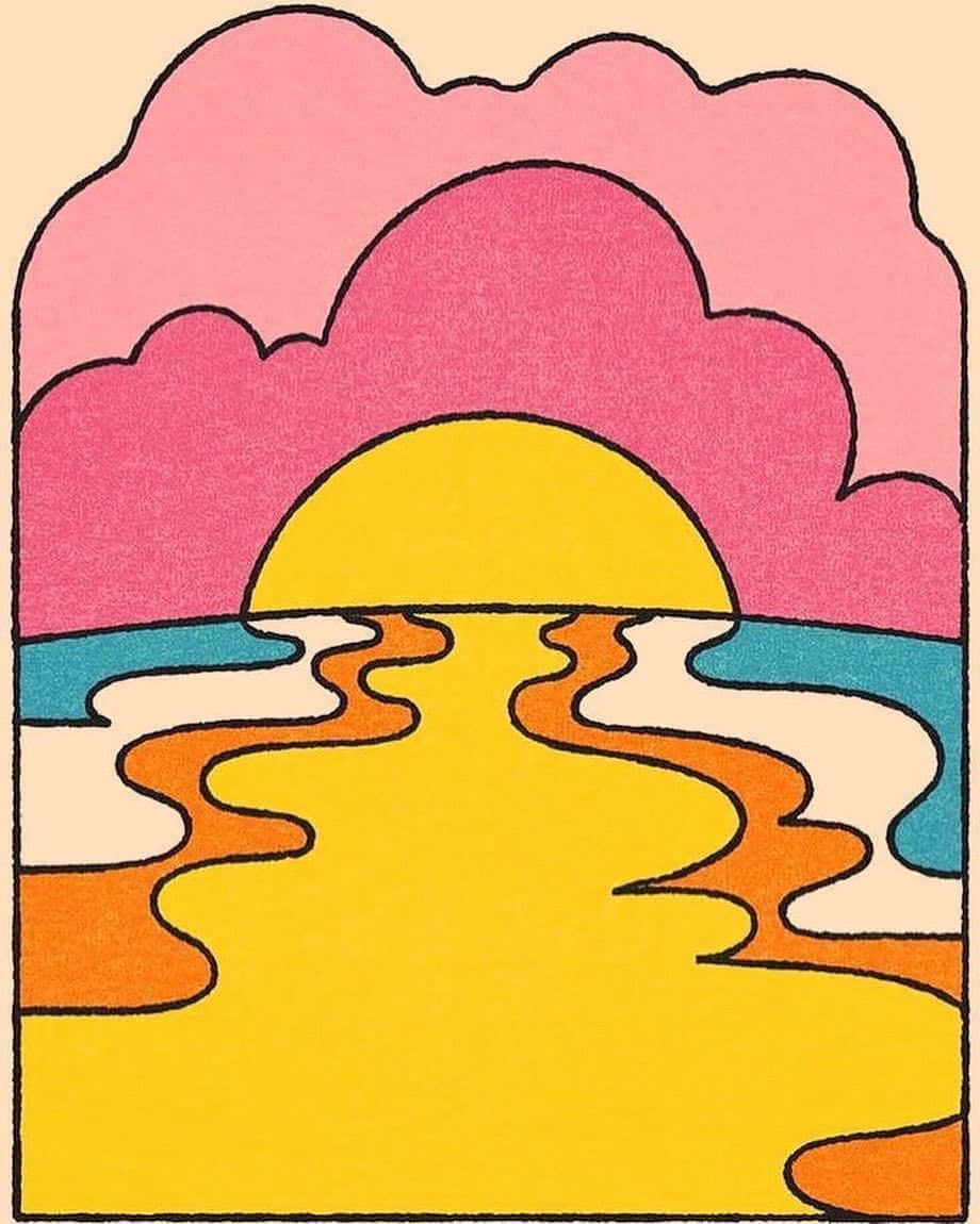 Retro 70s Aesthetic 桌布 壁紙 — 風格化的日落，黃色太陽在粉紅雲朵和波浪狀橙色水面倒影之上。