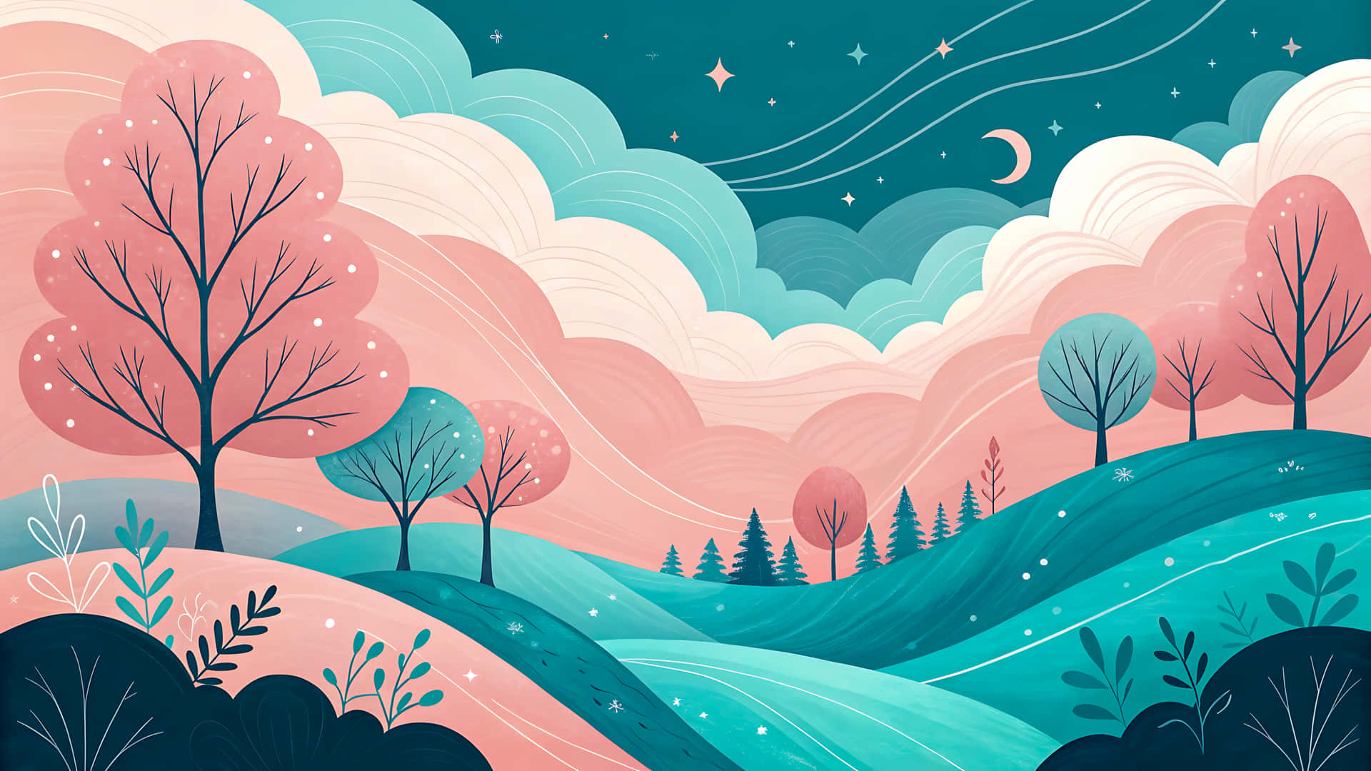 Illustration of trees and hills under a starry night sky with moon 壁紙 — 風格化的暮色景觀，有粉紅色的樹木、起伏的山丘、藍綠色的雲彩和星空下的新月。