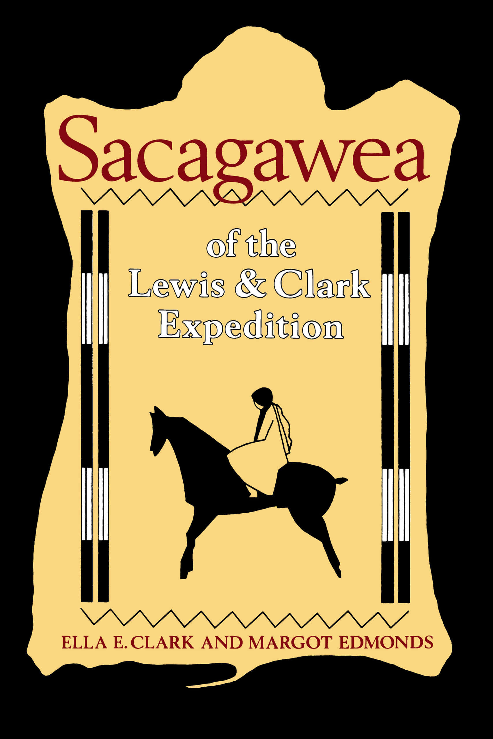 Sacagawea 桌布 壁紙 — 風格化的書籍封面，以米色羊皮紙背景、裝飾邊框和紅色文字，呈現薩卡加維亞騎馬的黑色剪影。