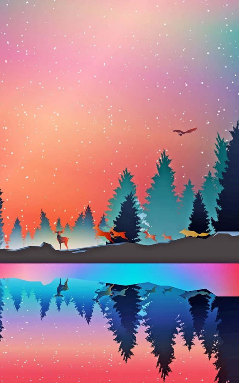 800x1280 桌布 壁紙 — 風格化的森林剪影，在暮色中，鹿和鳥映襯著漸變的天空，倒映在水中。