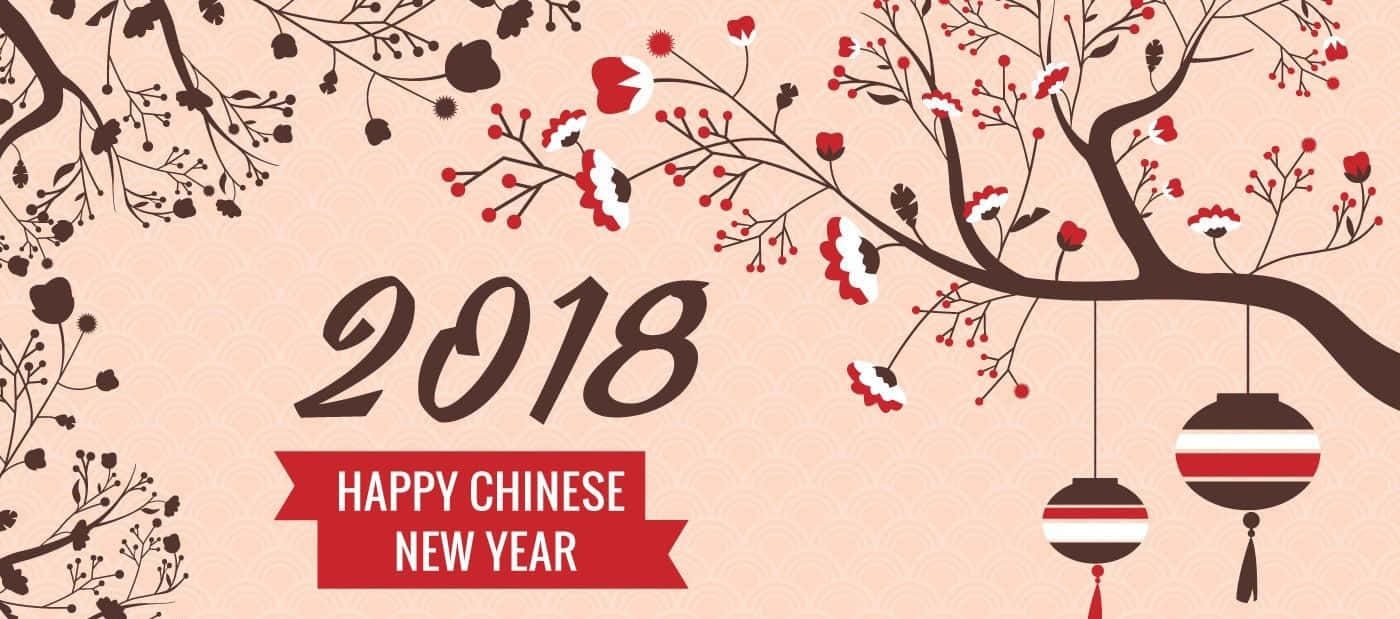 春節 桌布 壁紙 — 風格化的櫻花枝條與紅色燈籠框住2018年，以及一條紅色橫幅宣告新年快樂。