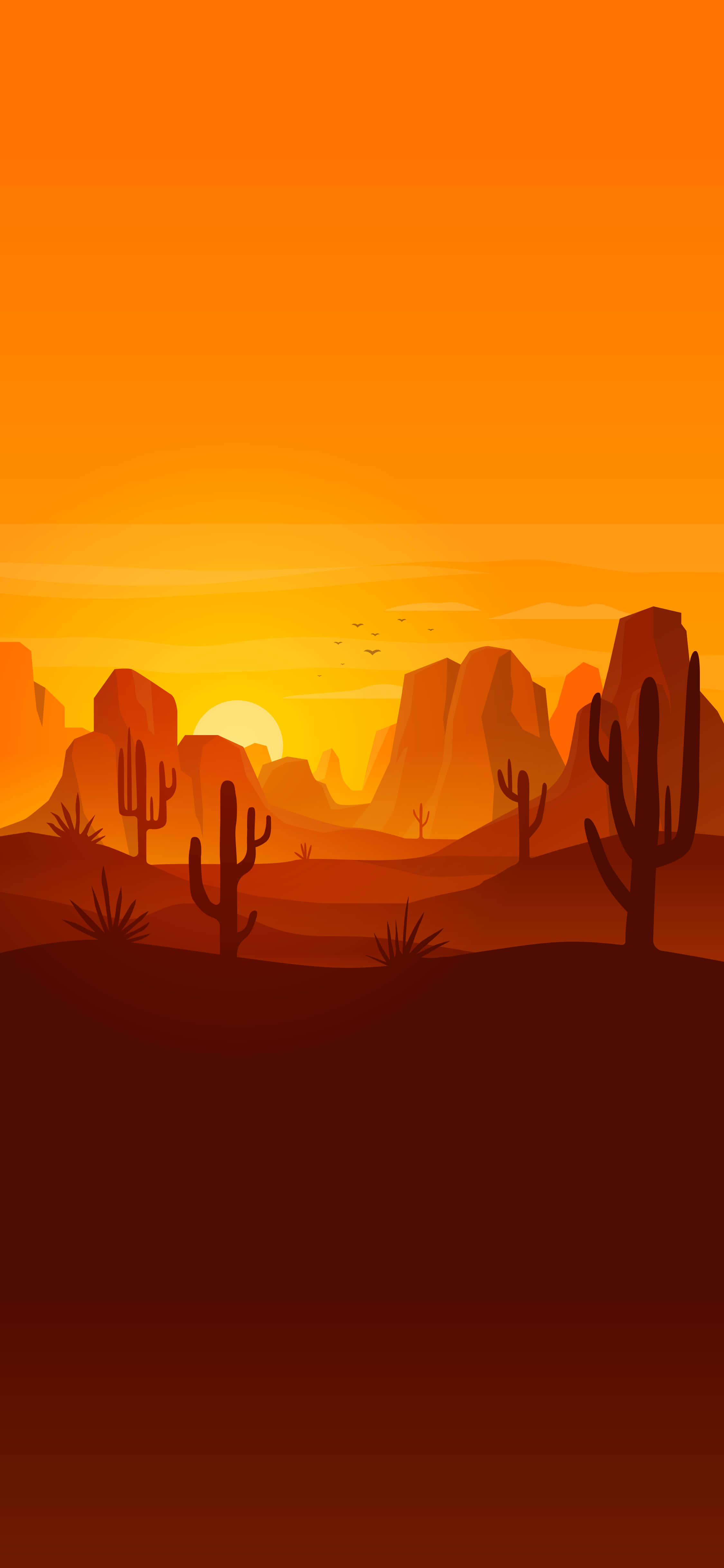 Desert iPhone 桌布 壁紙 — 風格化的沙漠日落，仙人掌和岩石形成剪影，在漸變橙色天空下。