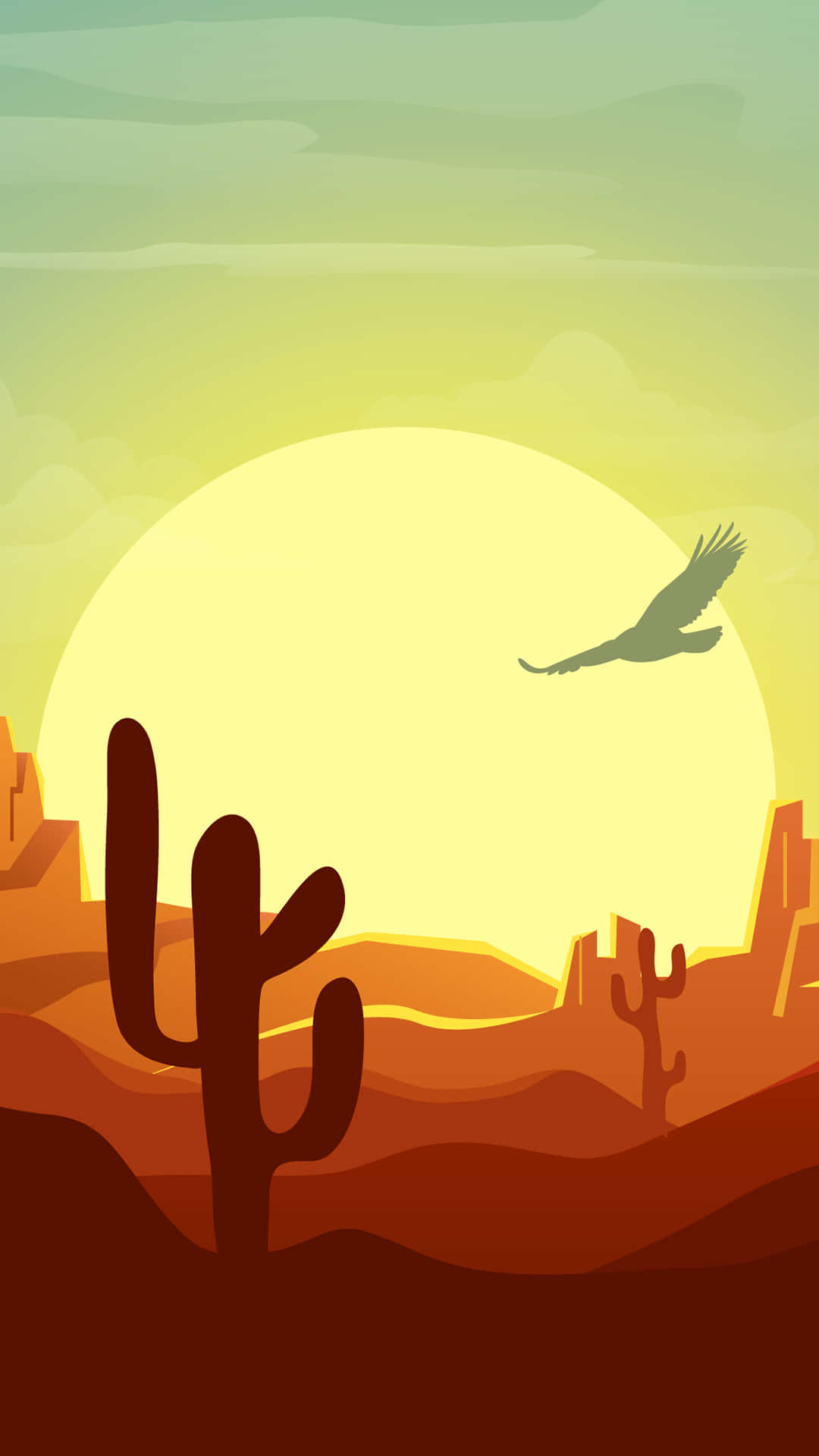 Desert iPhone 桌布 壁紙 — 風格化的沙漠日落，以漸變天空為背景，襯托出仙人掌的剪影和一隻翱翔的鳥。