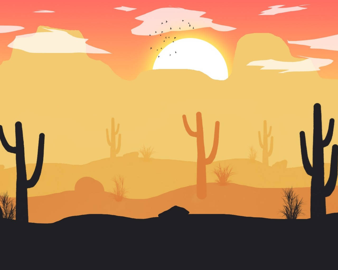 Desert Sun 桌布 壁紙 — 風格化的沙漠日落，有仙人掌剪影和鳥兒在溫暖的橙色天空中飛翔。
