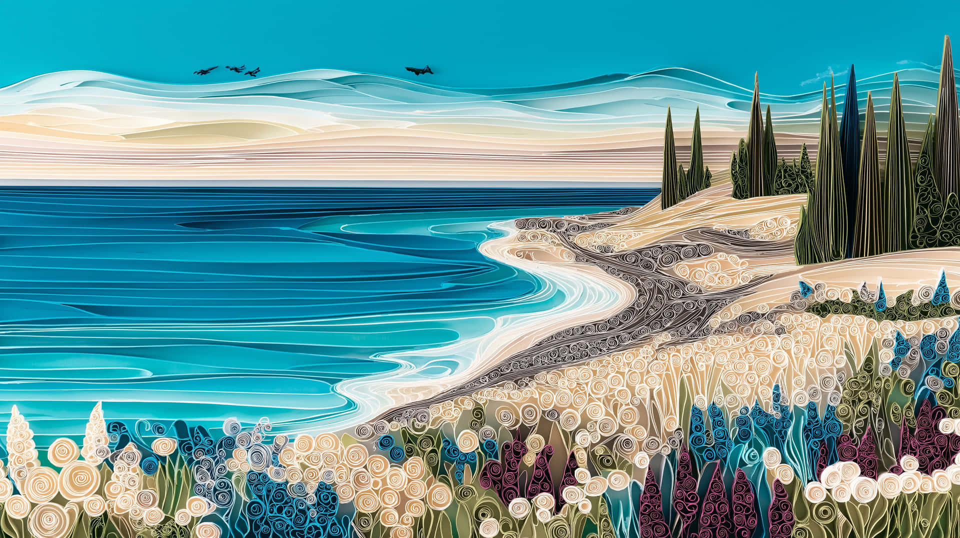 Idyllic Coastal Landscape Quilling Art with Ocean and Foliage 壁紙 — 風格化的海岸場景，層疊的碧綠海水蜿蜒流過沙灘，沙灘兩旁種植柏樹和色彩繽紛的花卉圖案。