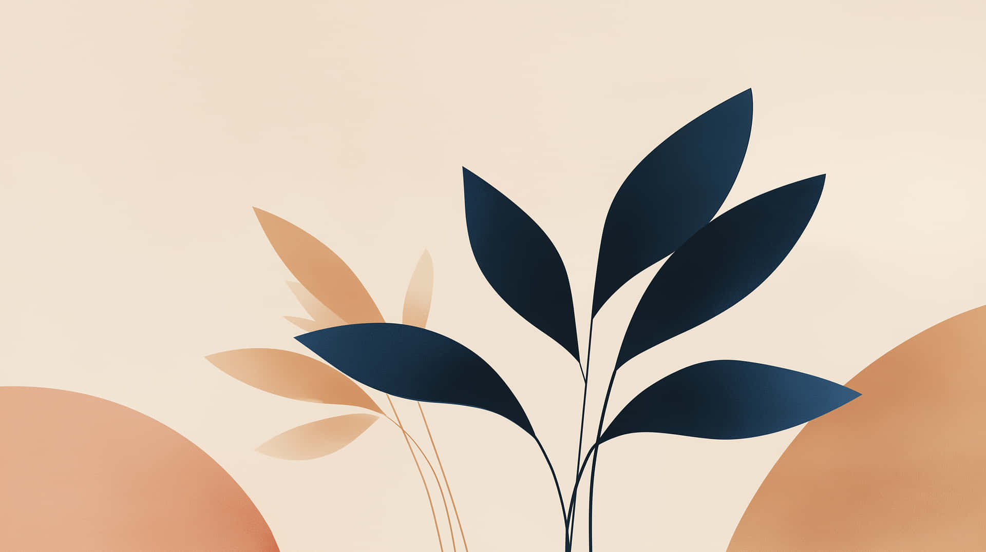 Stylized Leaves and Geometric Shapes Abstract Display 壁紙 — 風格化的深藍色葉子植物剪影，襯以柔軟的米色背景和桃色抽象形狀。