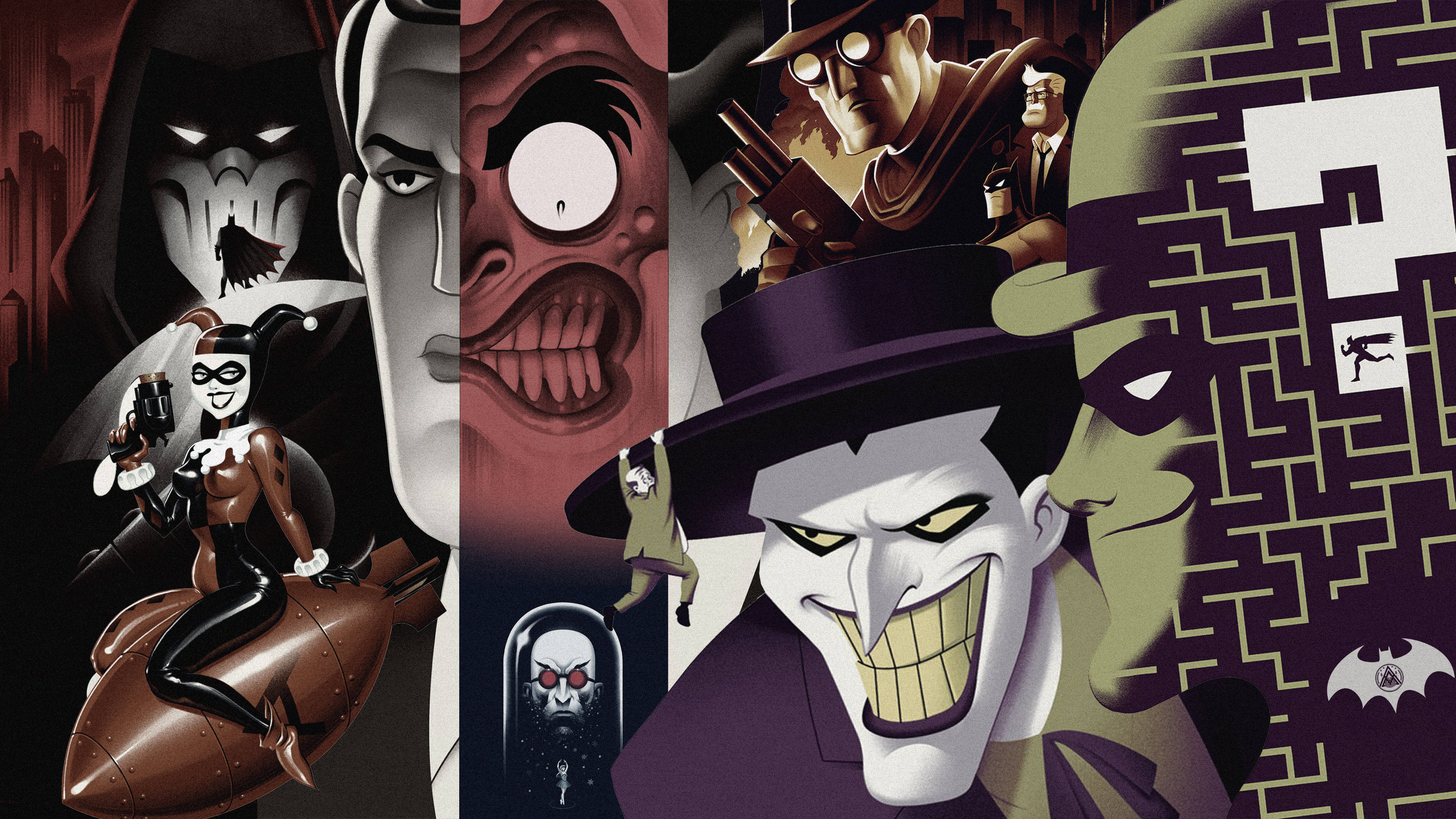 Batman Animated 桌布 壁紙 — 風格化的漫畫拼貼， featuring 蝙蝠俠反派如小丑、哈莉·奎茵和謎語人，姿勢戲劇化。