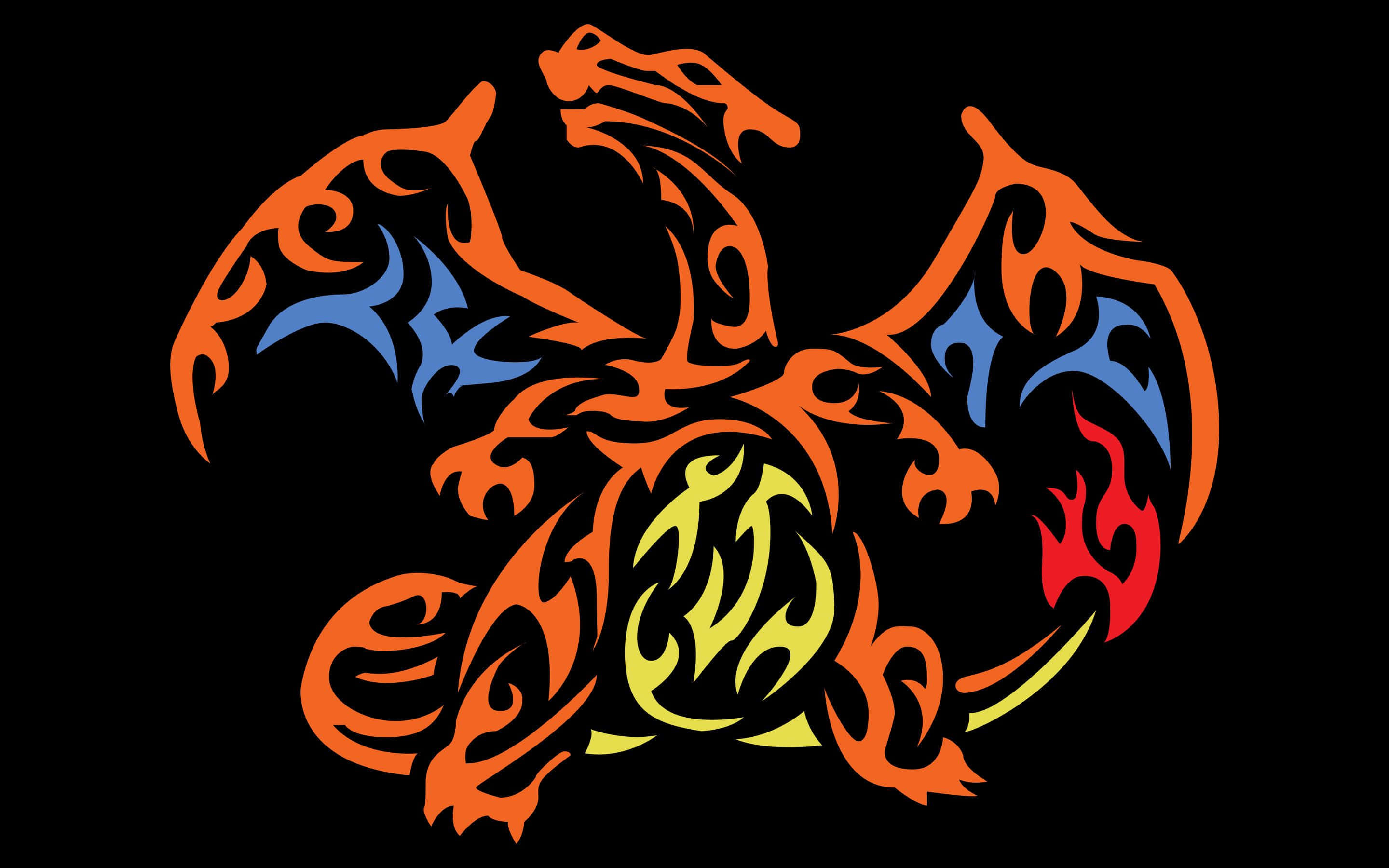 Pokemon Charizard 桌布 壁紙 — 風格化的火焰龍，橙色翅膀，藍色點綴，黃色火焰核心，黑色背景。