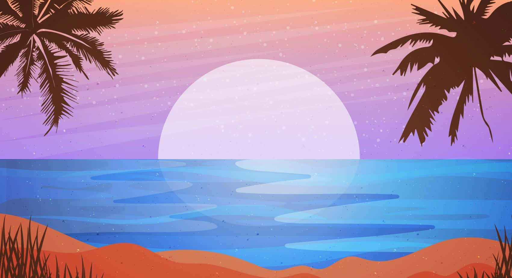 Summer Beach 桌布 壁紙 — 風格化的熱帶日落，棕櫚樹剪影映襯著漸變天空和寧靜的海浪。
