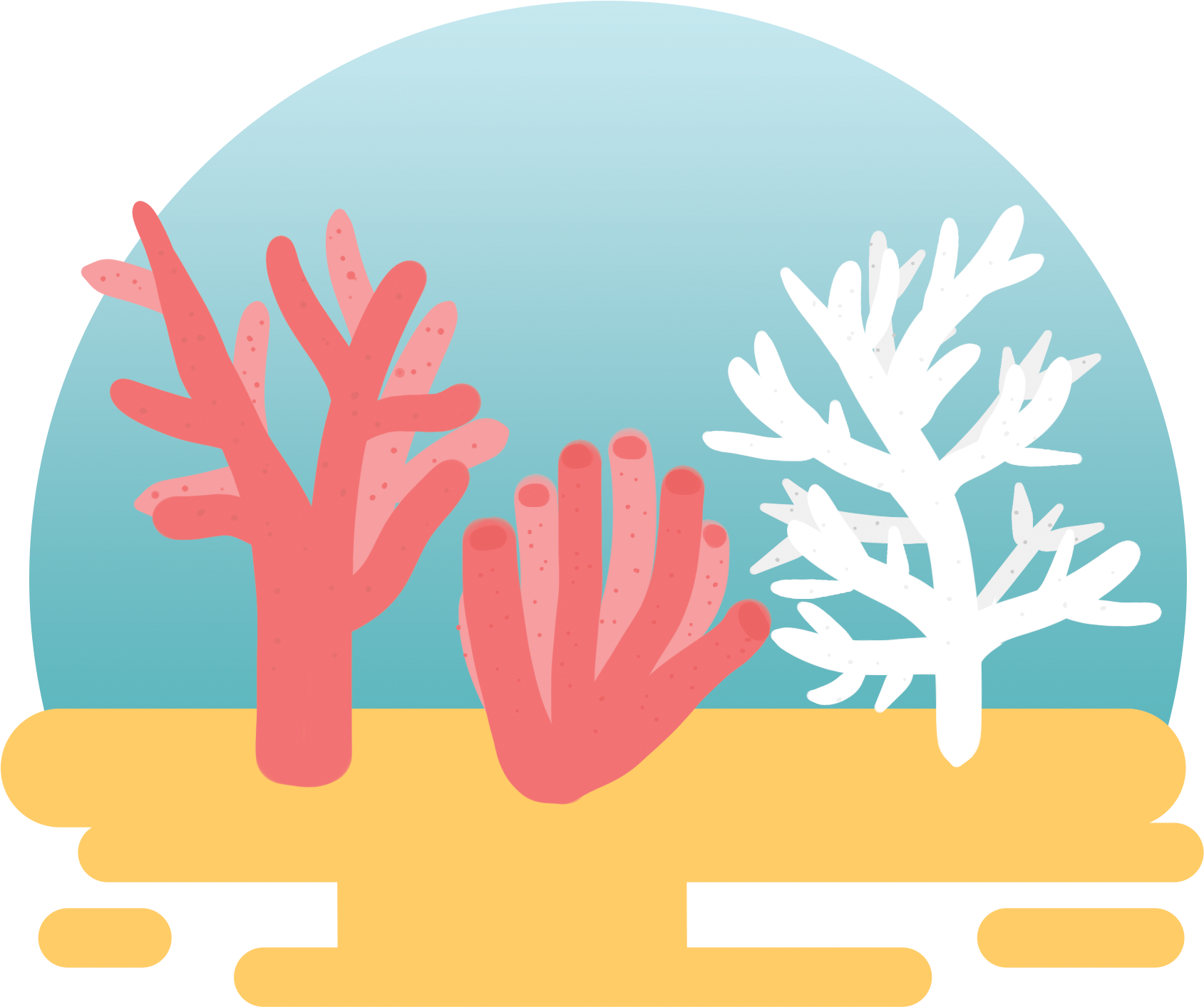 coral 桌布 壁紙 — 風格化的珊瑚礁插圖，粉紅色和白色珊瑚在藍綠色漸變海洋和沙質底部上。