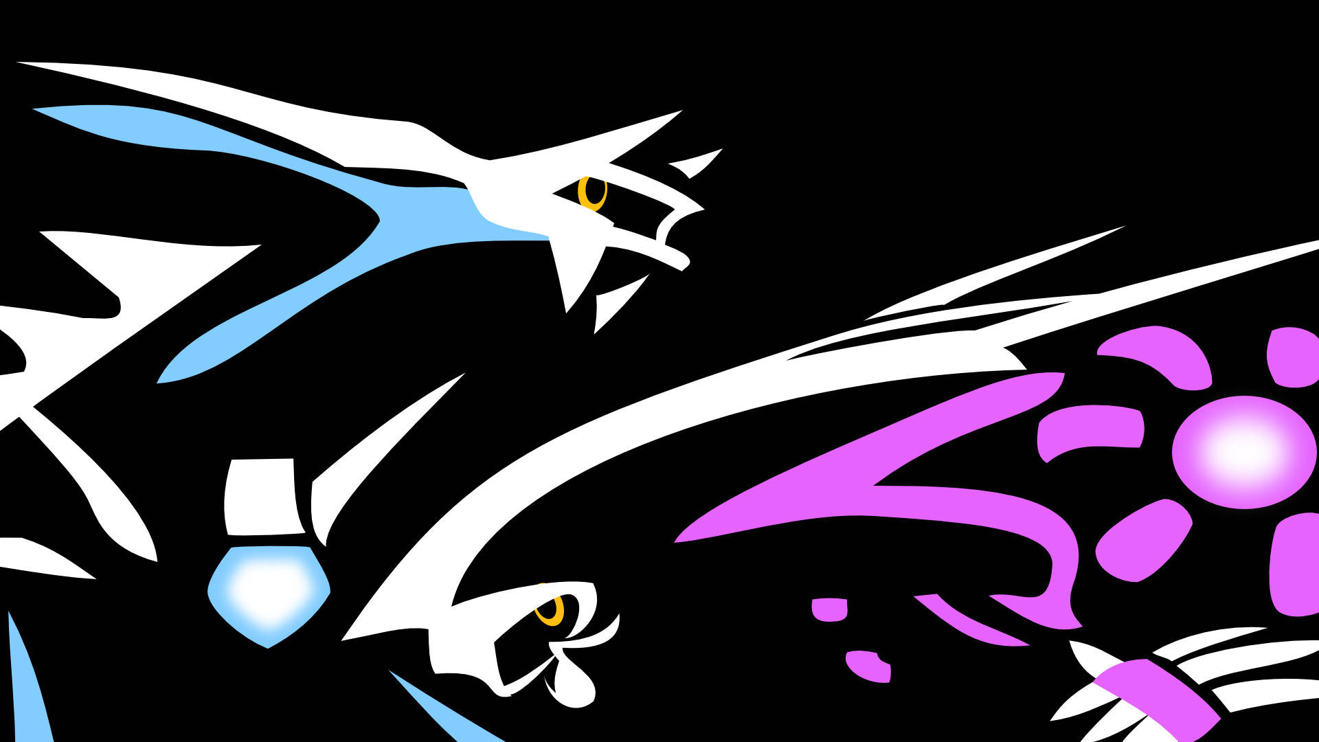 Dialga 桌布 壁紙 — 風格化的白色、藍色和紫色龍狀生物，黃色眼睛，在黑色背景上動態碰撞。
