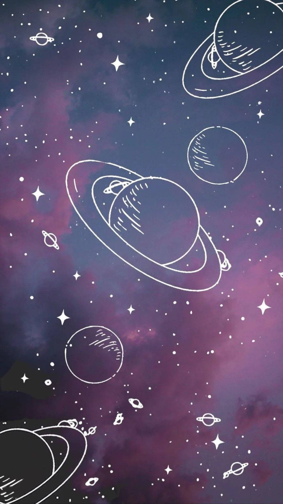 紫色和藍色宇宙天空中的白色輪廓行星和星星。 — 可愛的銀河動圖 壁紙