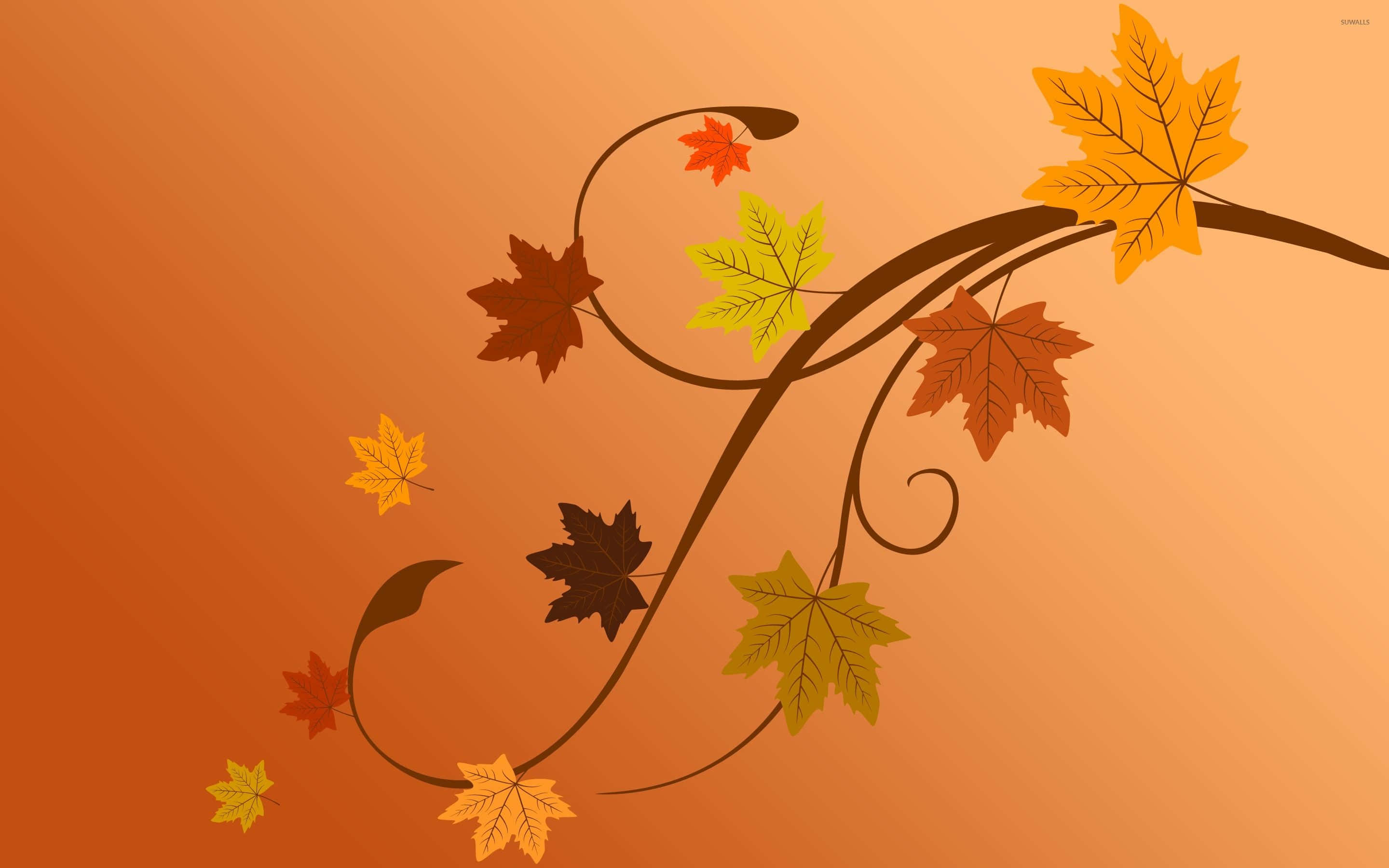 Autumn Leaves 桌布 壁紙 — 風格化的秋葉藤蔓以溫暖的橙色色調優雅地彎曲在漸變背景上。