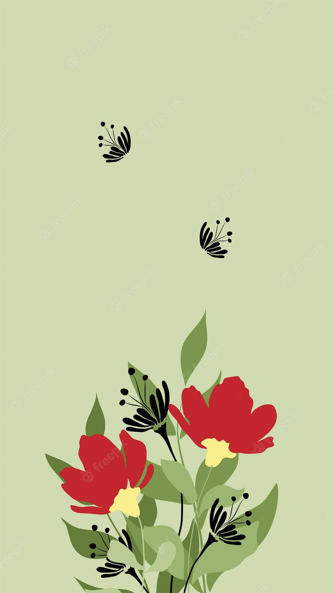 Floral Phone 桌布 壁紙 — 風格化的紅色花朵，帶有黃色花心和黑色種莢，在柔和的綠色背景上綻放，兩隻黑色蝴蝶在上方飄浮。