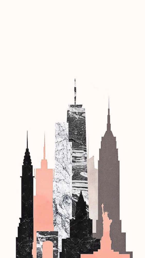 New York Art 桌布 壁紙 — 風格化的紐約天際線，帶有大理石紋理的摩天大樓和粉紅色點綴，背景為淺色。