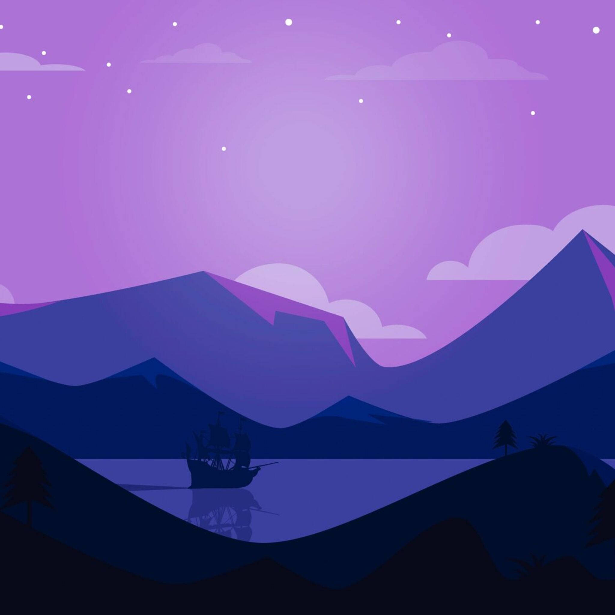 Lake 桌布 壁紙 — 風格化的紫色夜景，在星空下，黑暗山脈之間的平靜水面上有海盜船剪影。