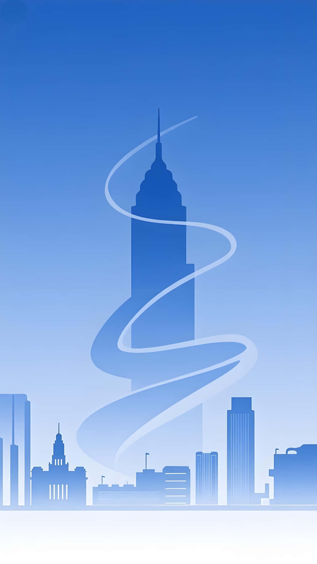 City silhouette wallpaper 壁紙 — 風格化的藍色城市景觀，聳立的摩天大樓和旋轉的白色線條，背景是漸變天空。