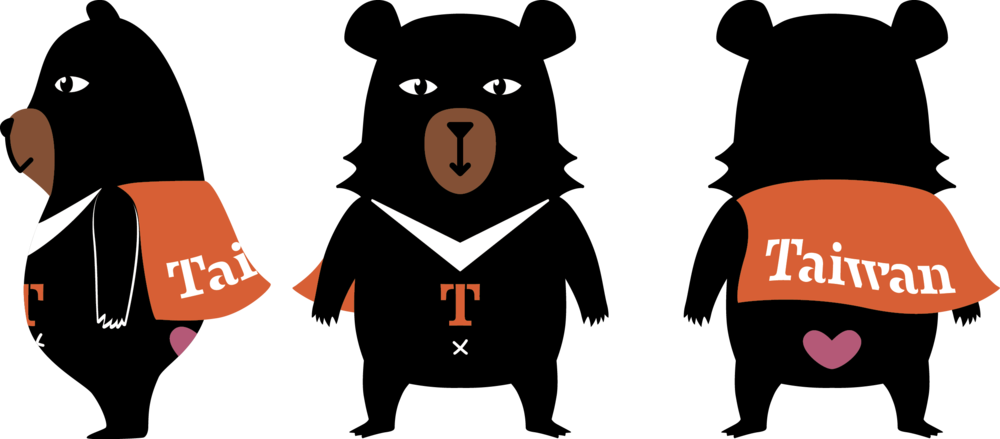 Mascot 桌布 壁紙 — 風格化的黑色剪影，一隻狗和一隻熊穿著橙色橫幅，上面用粉紅色心形拼出台灣。