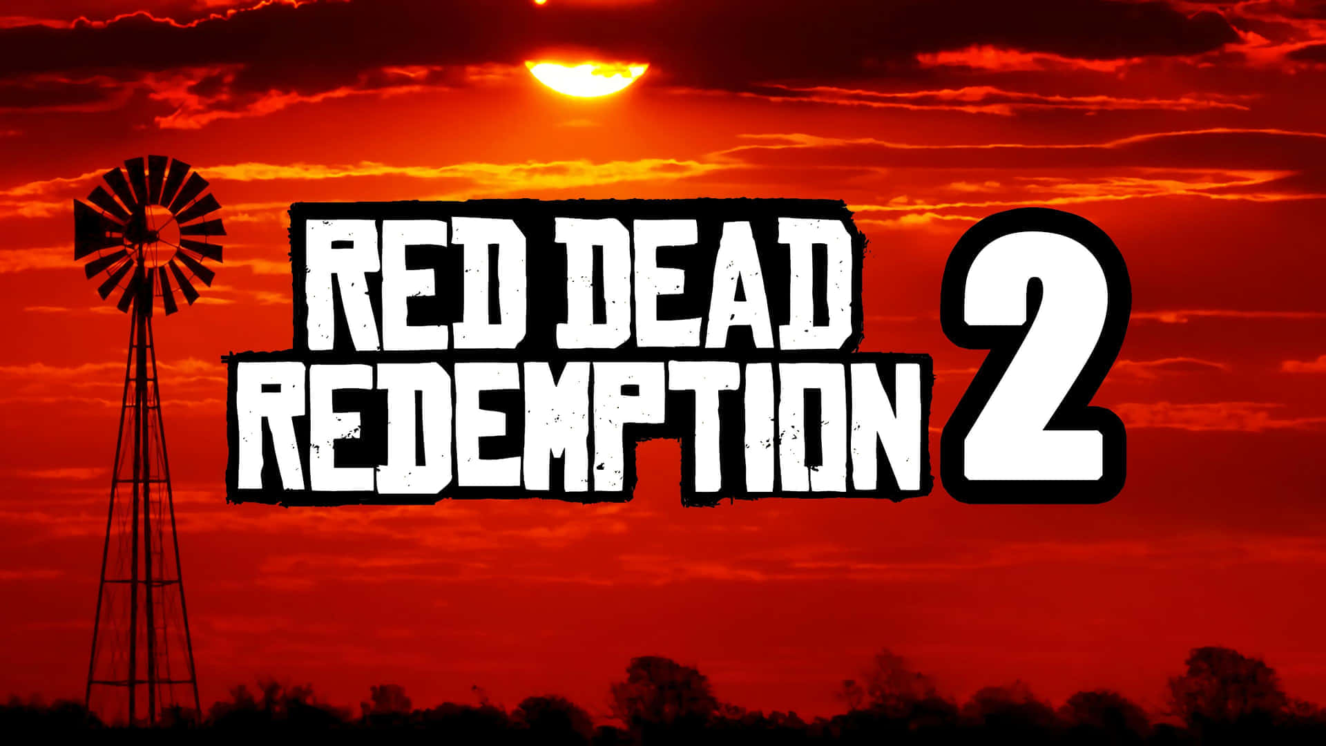 1920x1080 Red Dead Redemption 2 桌布 壁紙 — 風車後方的熾熱日落，粗體白色文字寫著 Red Dead Redemption 2。