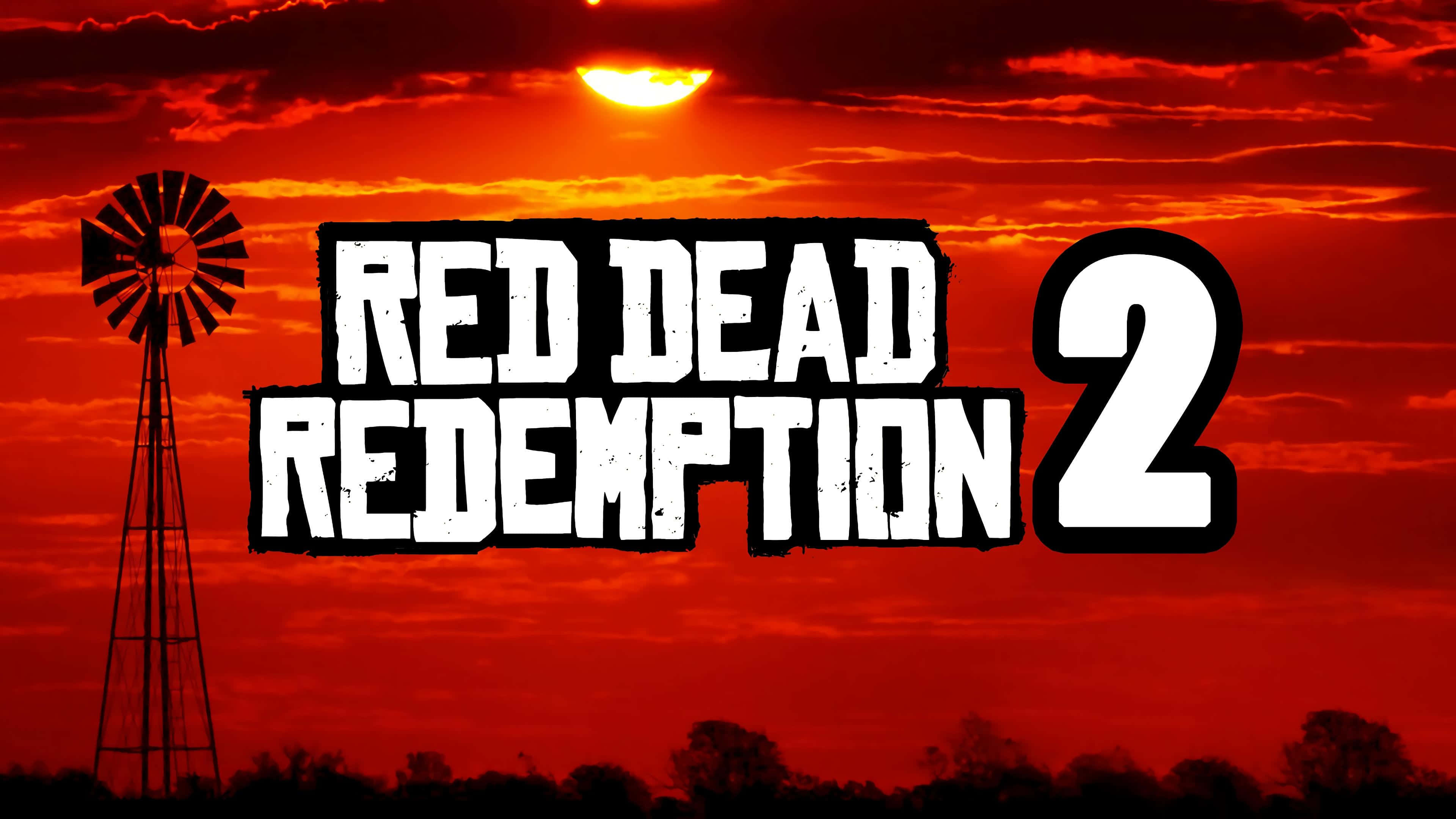 桌布 壁紙 — 風車背後的火紅夕陽，粗體白色文字寫著 Red Dead Redemption 2。