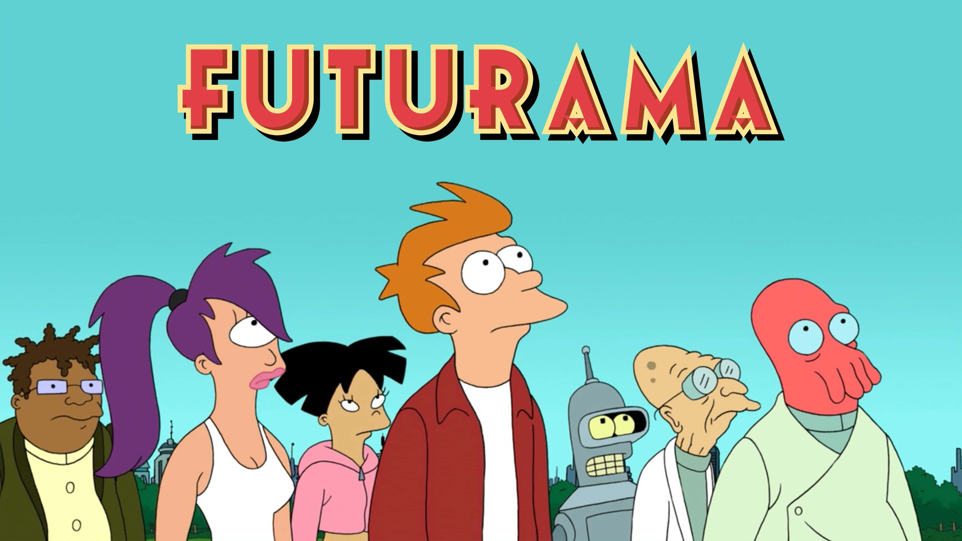 Futurama 桌布 壁紙 — 《飛出個未來》演員站在標題標誌前，背景為青綠色，遠處有城市景觀。