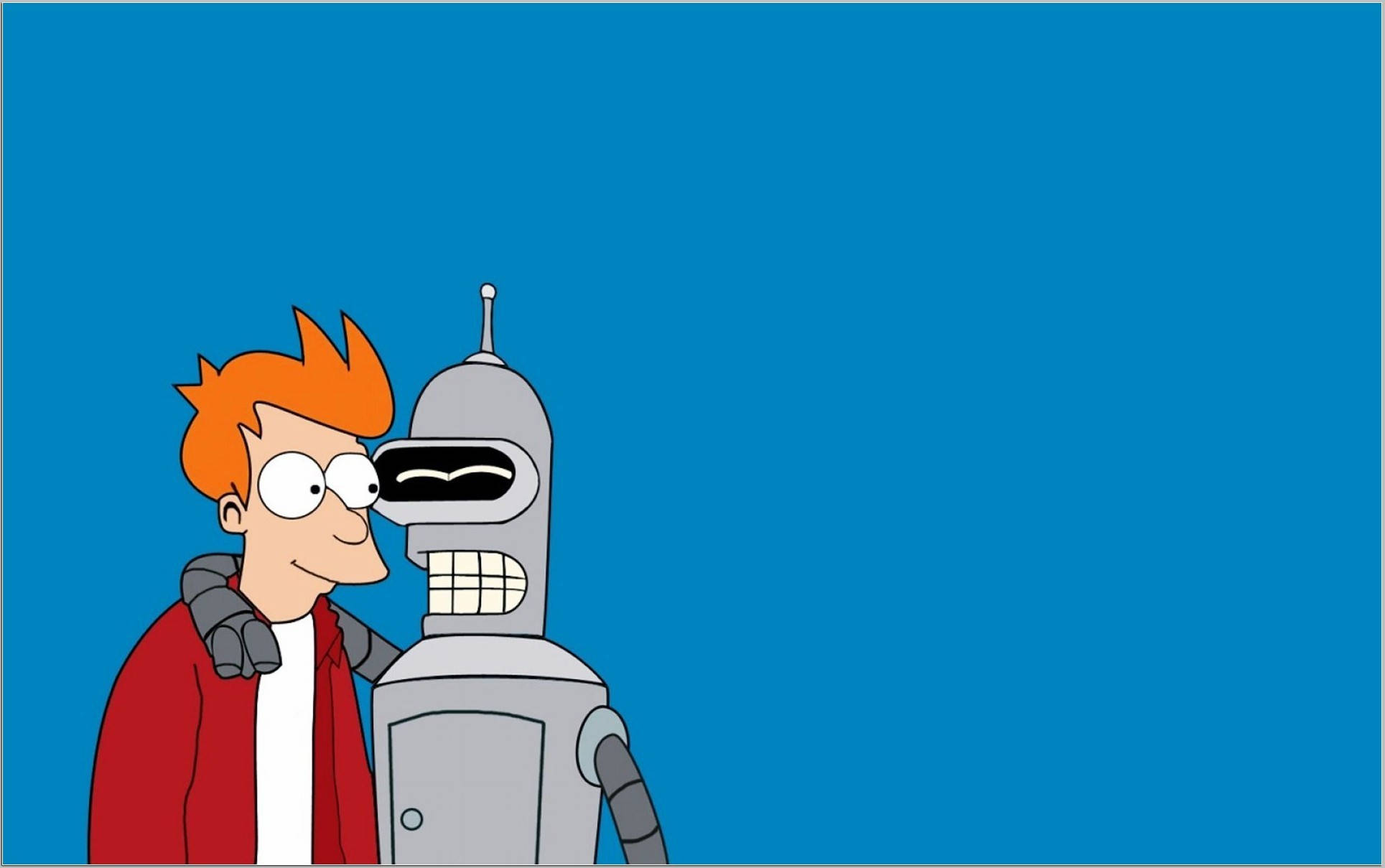 Futurama 桌布 壁紙 — 《飛出個未來》的 Fry 和 Bender 站在純藍色背景前，Fry 微笑，Bender 向前看。