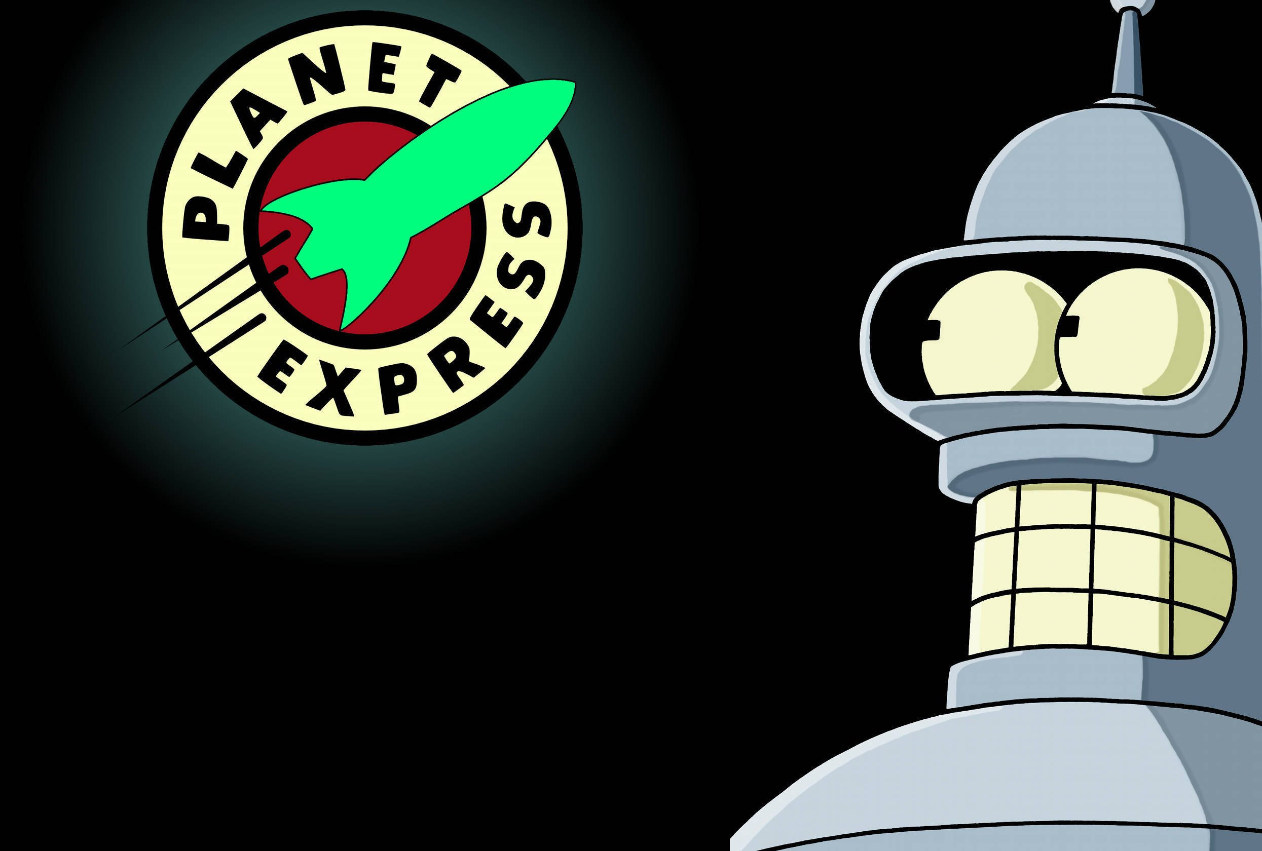 Futurama 桌布 壁紙 — 《飛出個未來》的班德瞪大眼睛望著發光的 Planet Express 標誌，背景是黑色。