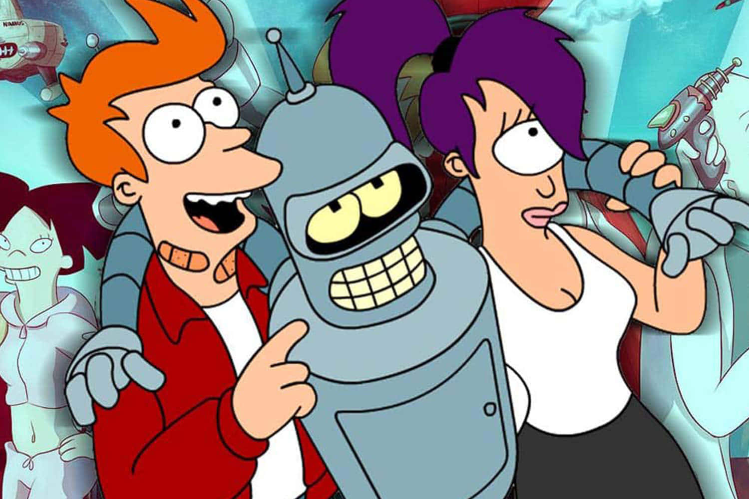 Futurama 桌布 壁紙 — 《飛出個未來》角色 Fry、Bender 和 Leela 與機器人和外星同伴在充滿活力的卡通場景中愉快地擺姿勢。