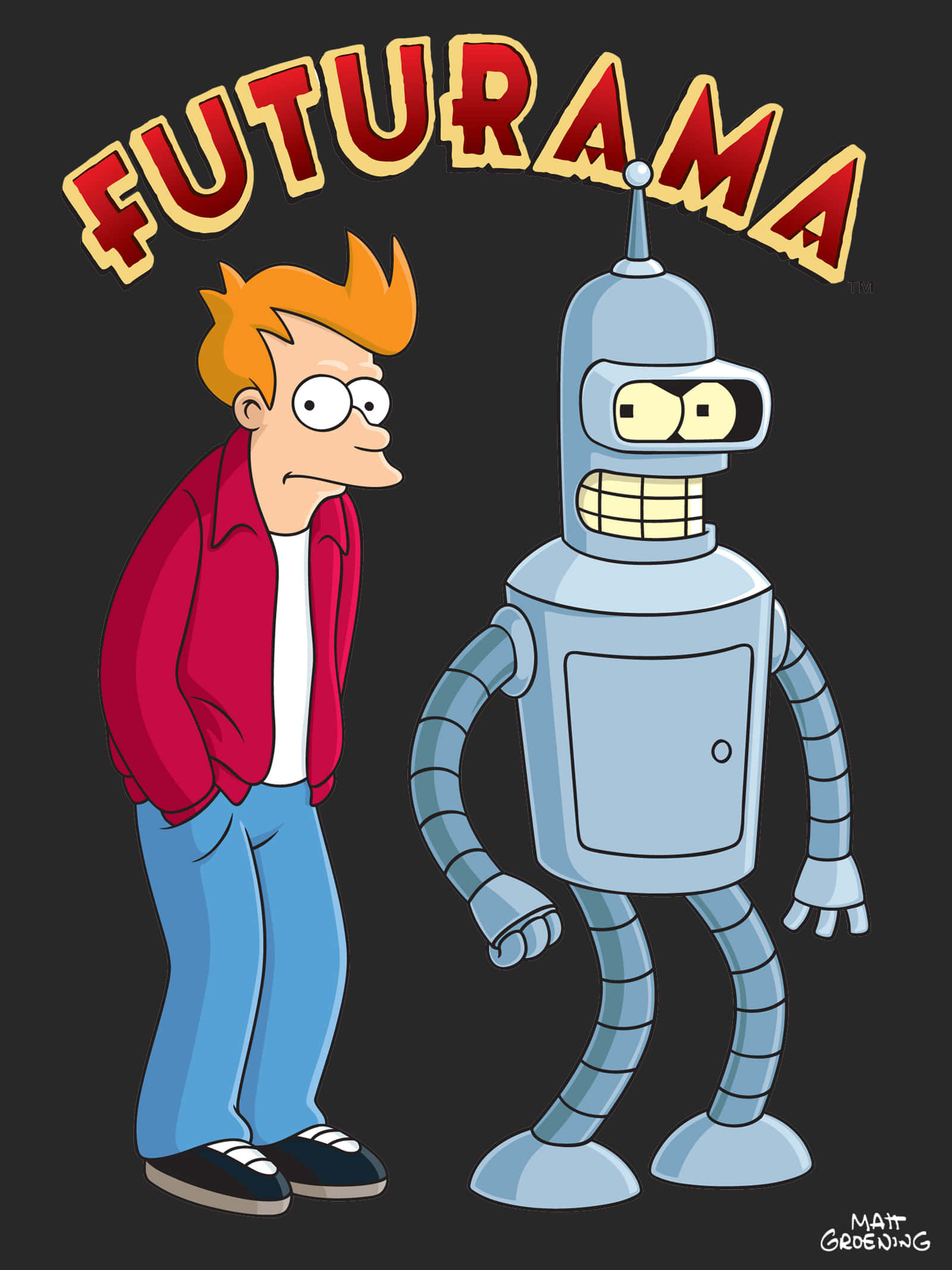 Futurama 桌布 壁紙 — 《飛出個未來》角色 Fry 和 Bender 並肩站在深色背景前，節目名稱在他們上方呈拱形。