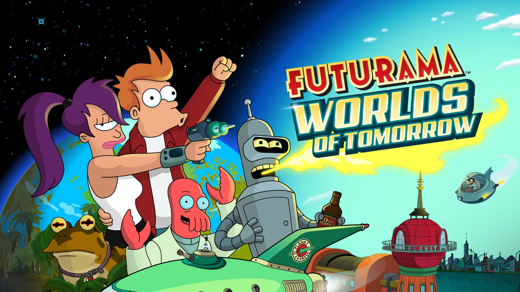 Futurama 桌布 壁紙 — 《飛出個未來》角色以英雄姿態在宇宙背景下擺姿勢，下方有地球和未來城市景觀。