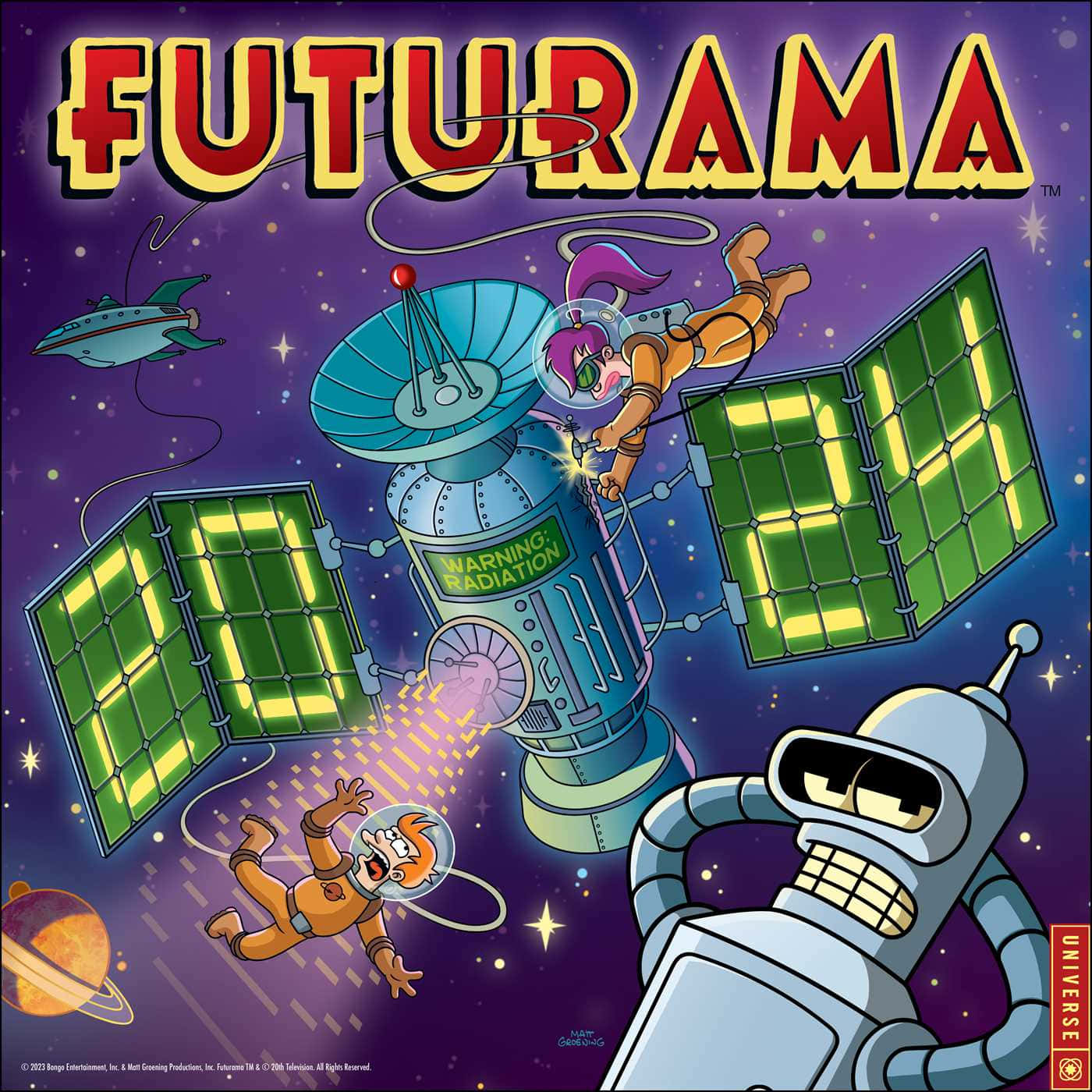 Futurama 桌布 壁紙 — 《飛出個未來》角色在太空漂浮，靠近一個帶有發光綠色面板和輻射警告標誌的衛星。