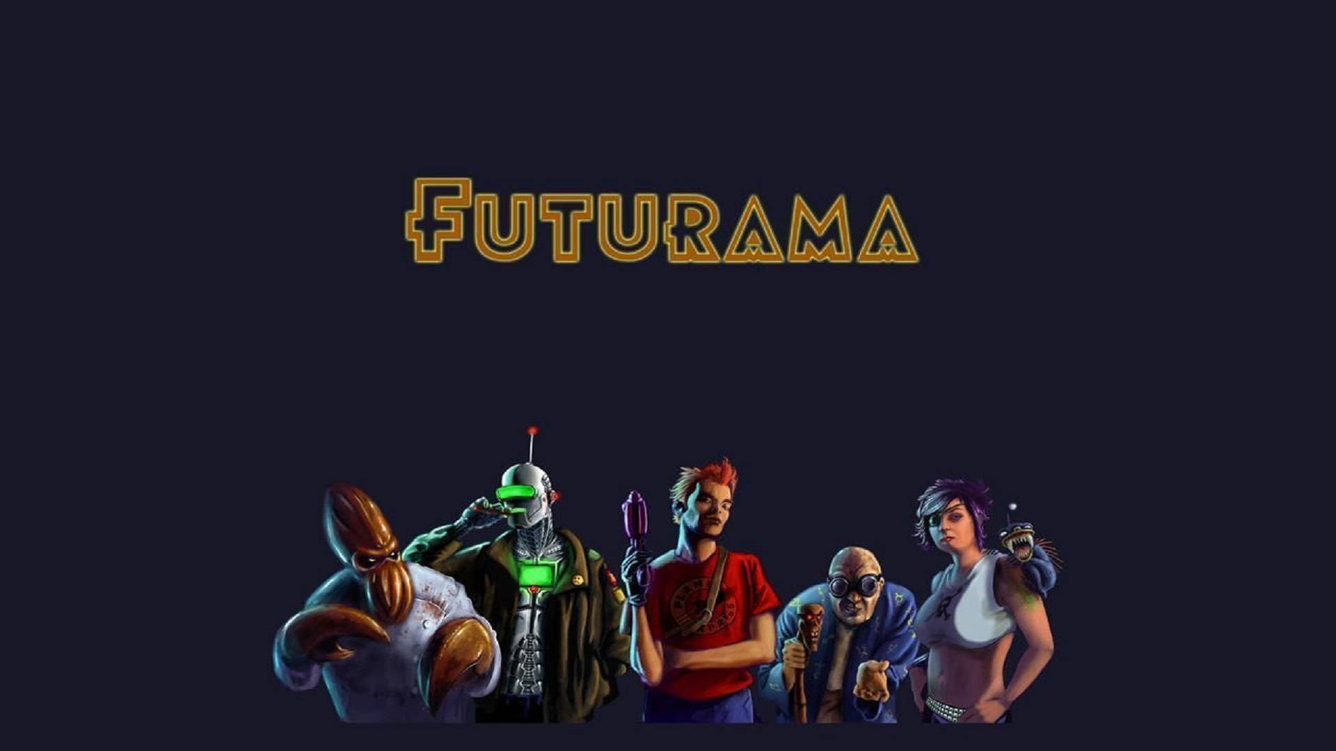 Futurama 桌布 壁紙 — 《飛出個未來》角色在深色背景前站成一排，節目名稱在他們上方發光。