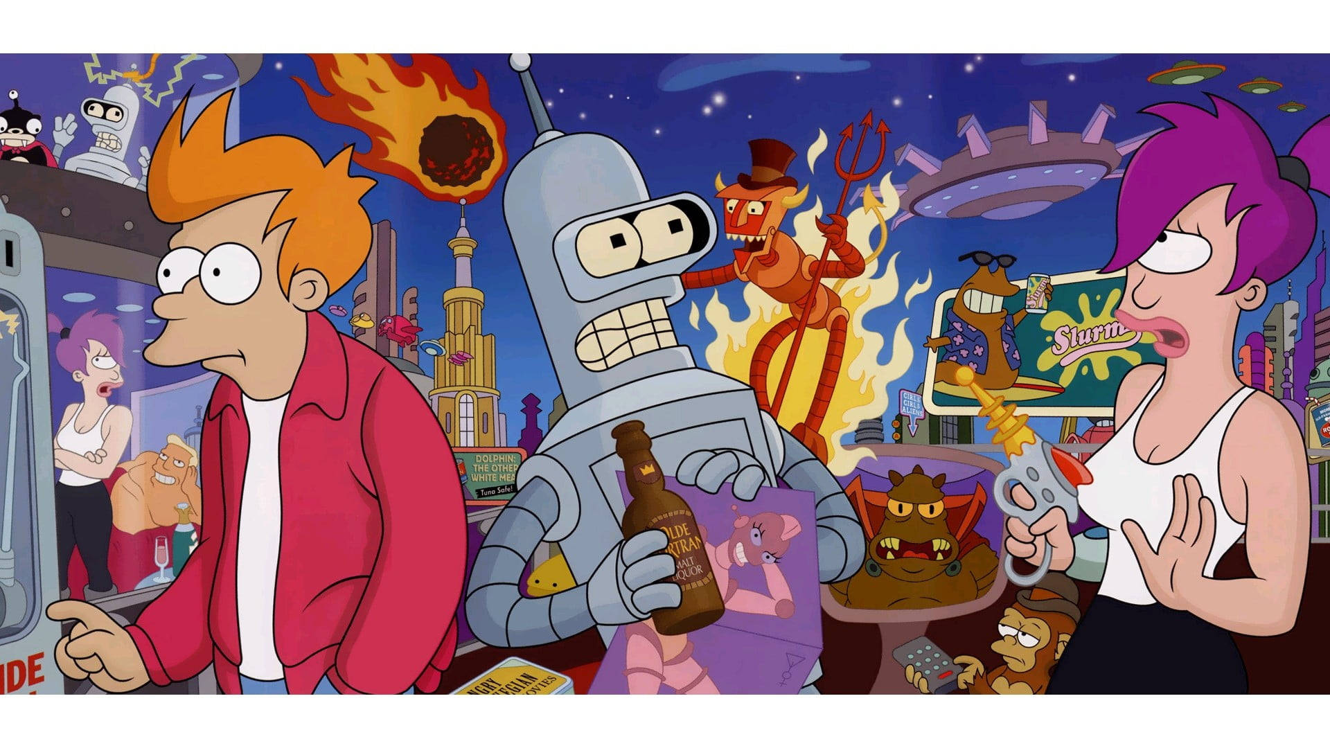 Futurama 桌布 壁紙 — 《飛出個未來》角色在混亂的夜晚場景中，有火焰和外星元素。