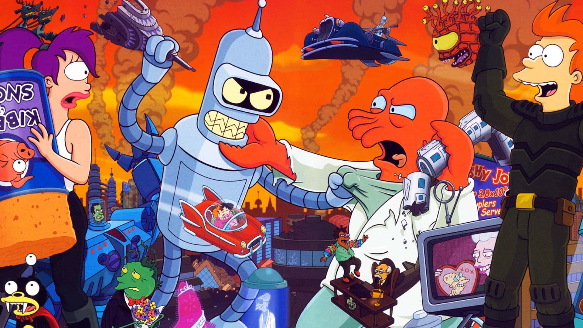 Futurama 桌布 壁紙 — 《飛出個未來》角色在火橙色天空下進行混亂動作，伴隨飛行車輛和爆炸。