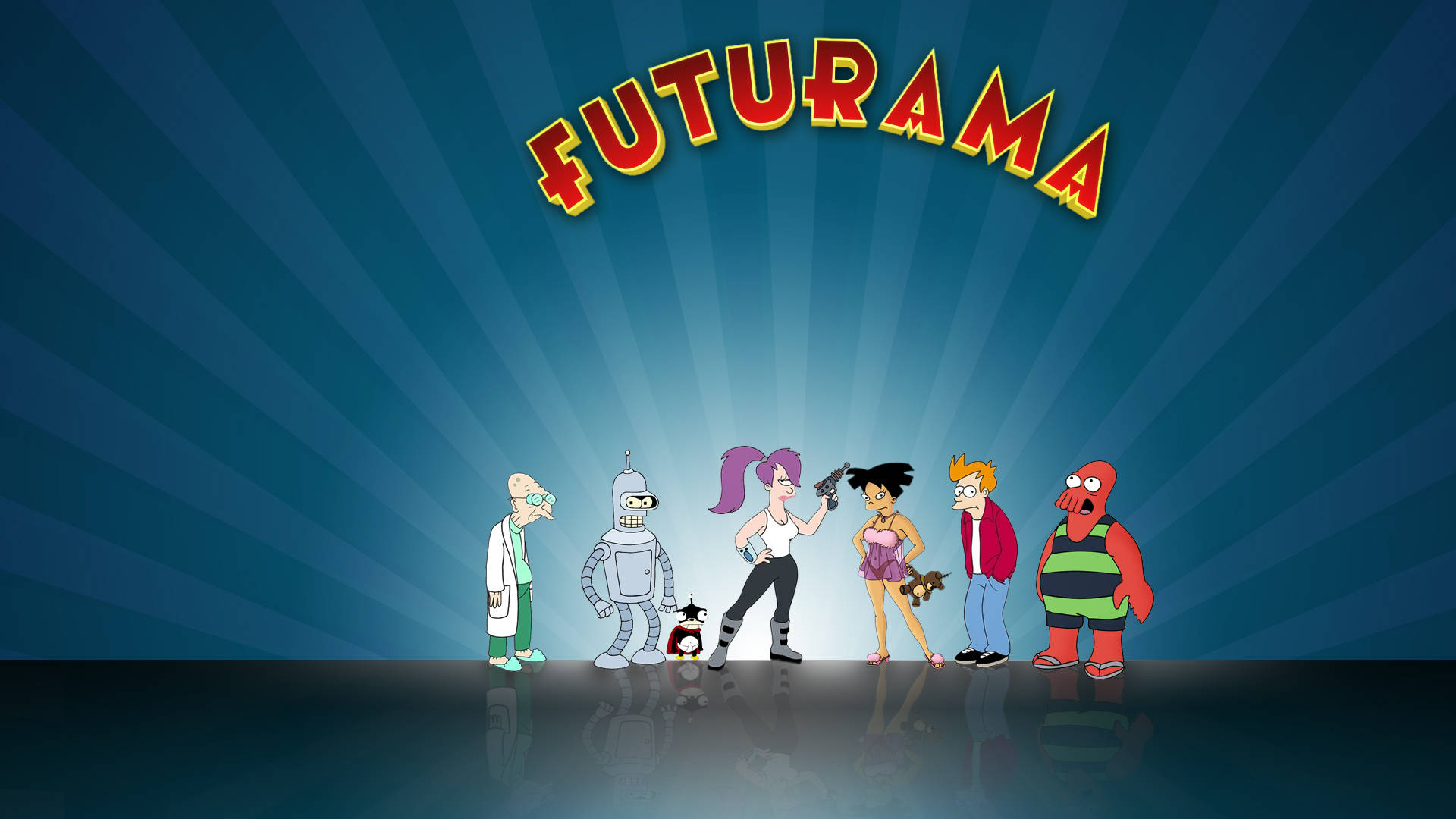Futurama 桌布 壁紙 — 《飛出個未來》角色排成一列，背景為藍色放射漸變，上方有節目名稱。