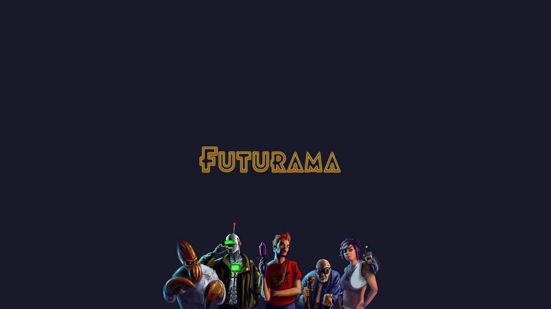 Futurama 桌布 壁紙 — 《飛出個未來》角色排成一排，背景為深色，節目名稱在他們上方發光。