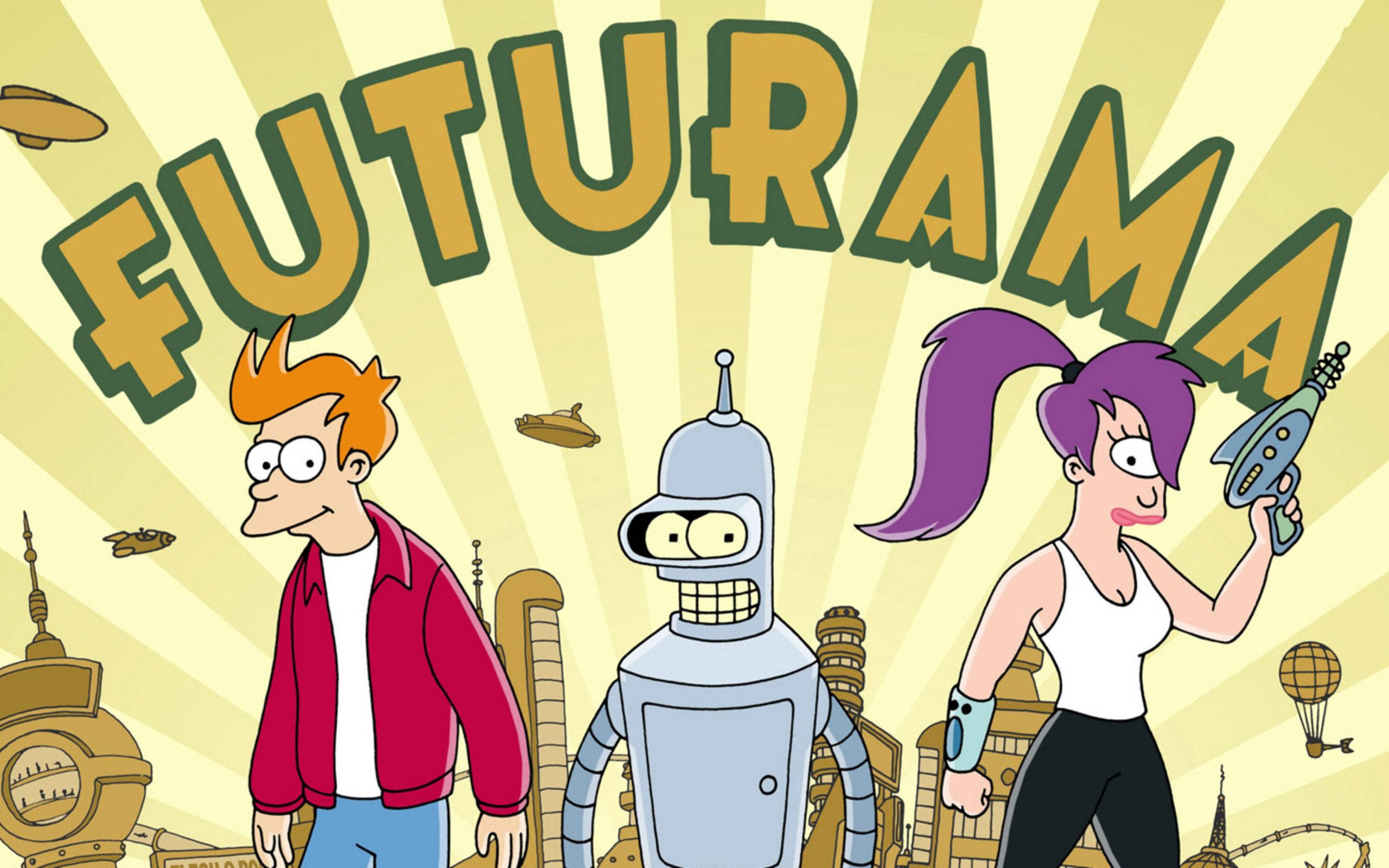 Futurama 桌布 壁紙 — 《飛出個未來》角色站在一個太陽爆發標誌前，背景有飛碟和未來主義建築。