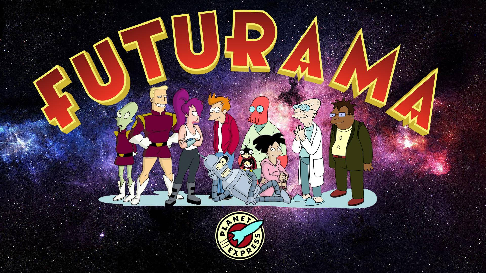 Futurama 桌布 壁紙 — 《飛出個未來》角色站在平台上，背景是充滿活力的宇宙星雲，節目名稱以粗體紅色字母顯示。