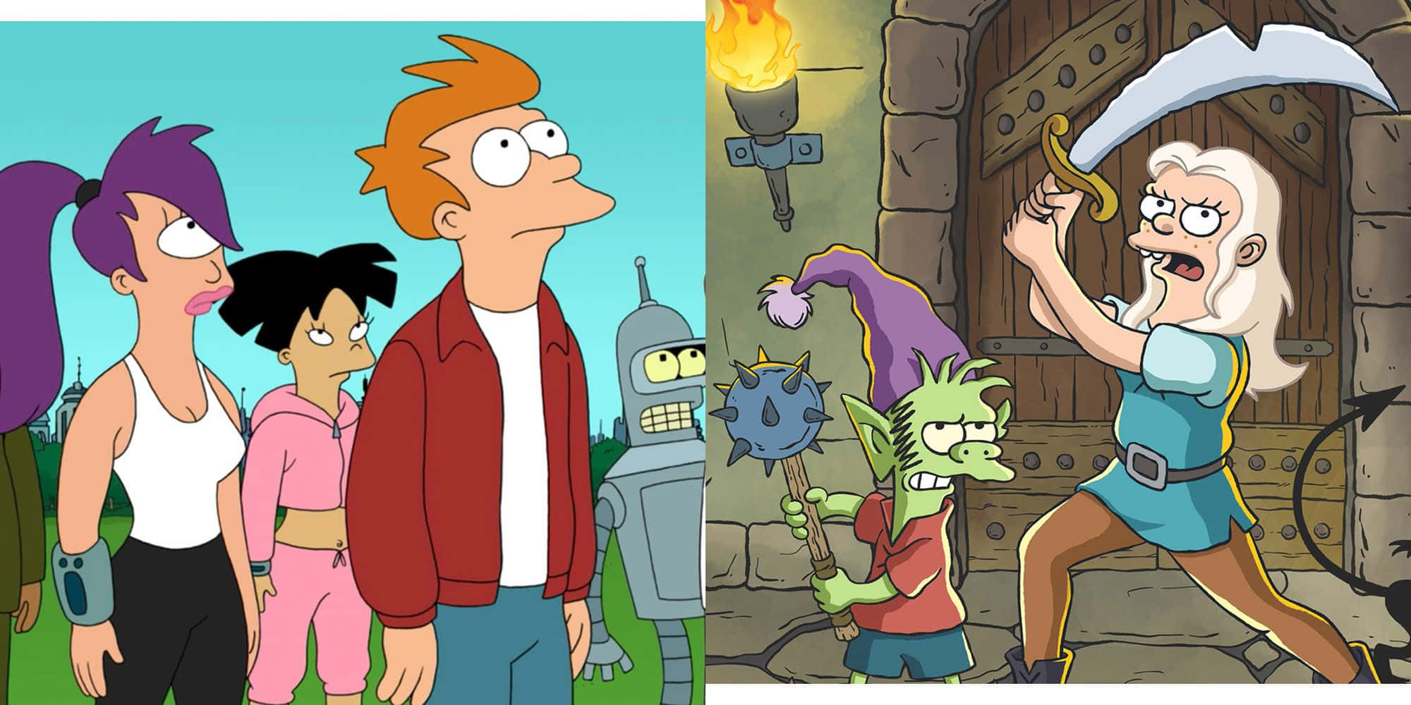 Futurama 桌布 壁紙 — 《飛出個未來》角色站在騎士和哥布林旁邊，構成一個分格卡通場景。
