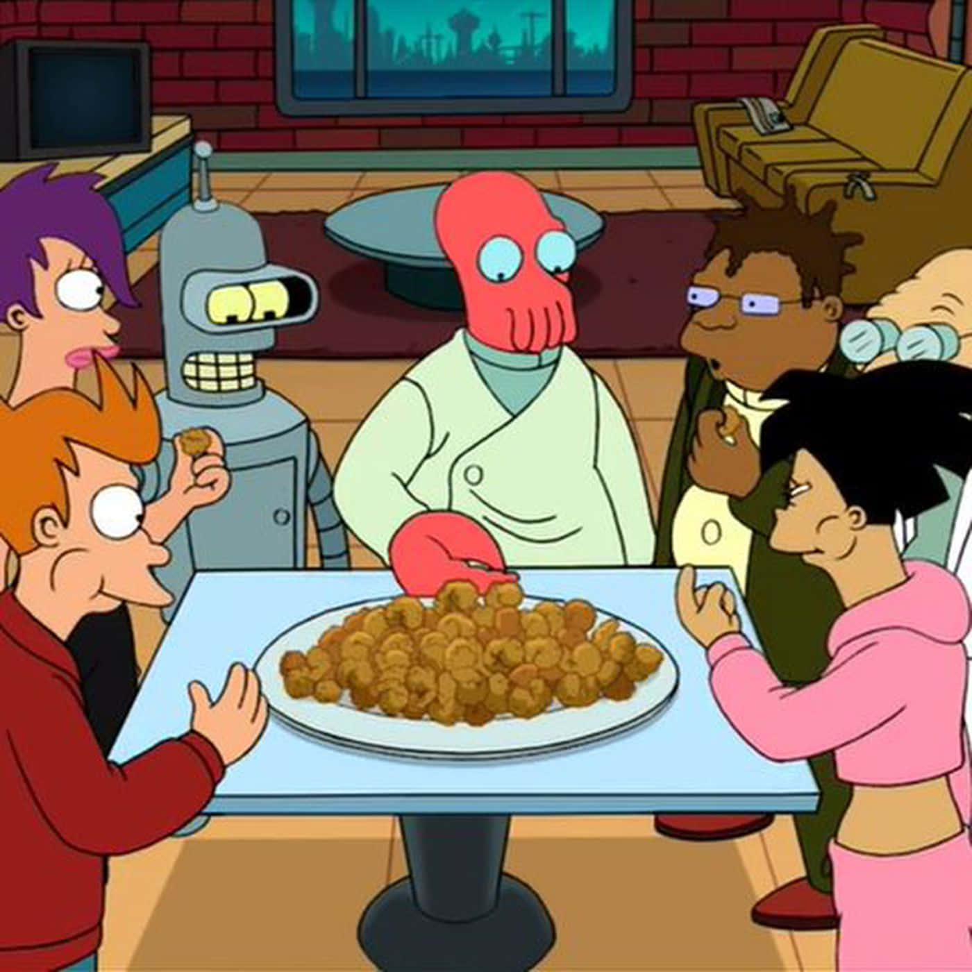 Futurama 桌布 壁紙 — 《飛出個未來》角色聚集在一張堆滿油炸食物的桌子旁，身處舒適的動畫餐廳。