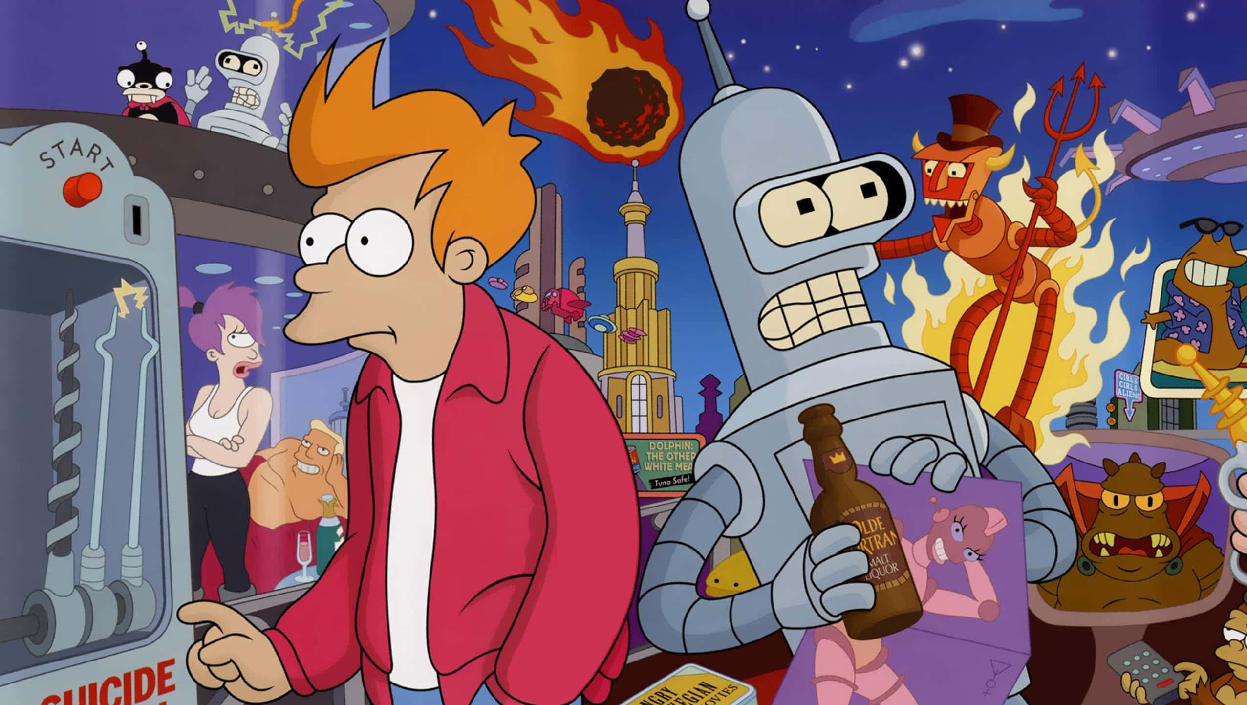 Futurama 桌布 壁紙 — 《飛出個未來》角色身處混亂的街機場景，有火焰和卡通風格的壞人。