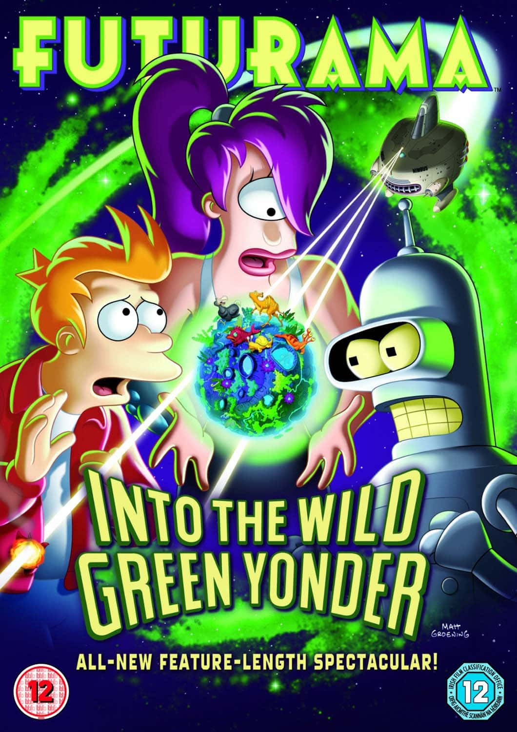 Futurama 桌布 壁紙 — 《飛出個未來》角色震驚地看著一顆發光的綠色行星在他們之間漂浮，背景是宇宙。