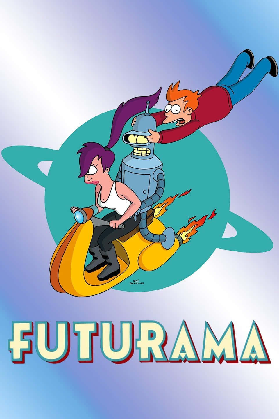Futurama 桌布 壁紙 — 《飛出個未來》角色騎著火焰滑板車，背景是宇宙行星，並有粗體標題文字。