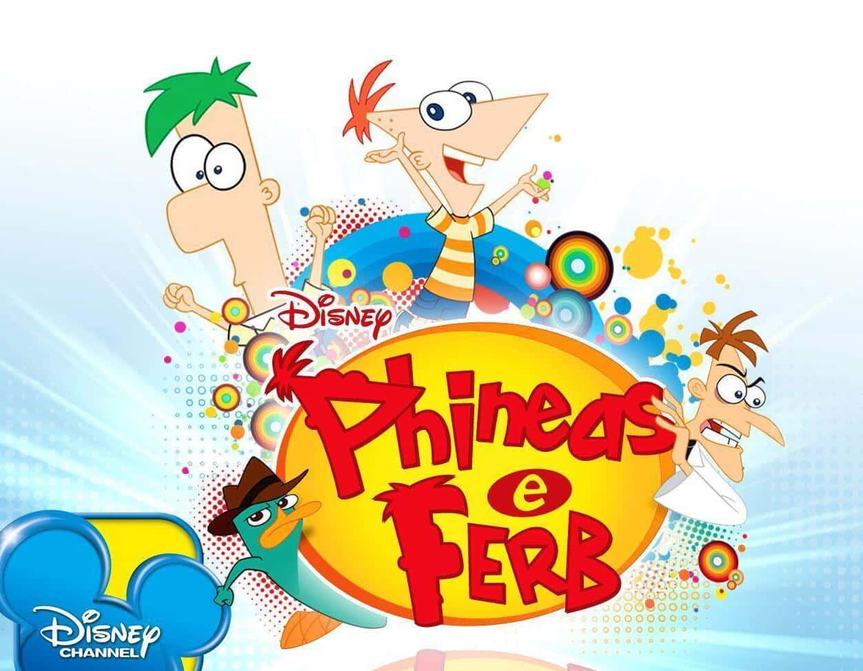 Phineas And Ferb 桌布 壁紙 — 《飛哥與小佛》中充滿活力的卡通角色，在帶有彩色圓形圖案的亮藍色背景上迸發能量。