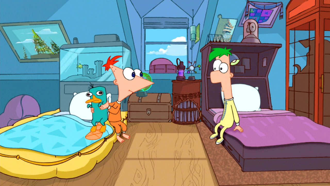 Phineas And Ferb 桌布 壁紙 — 飛哥與小佛在他們色彩繽紛的臥室裡，有魚缸和窗外的城市景觀。