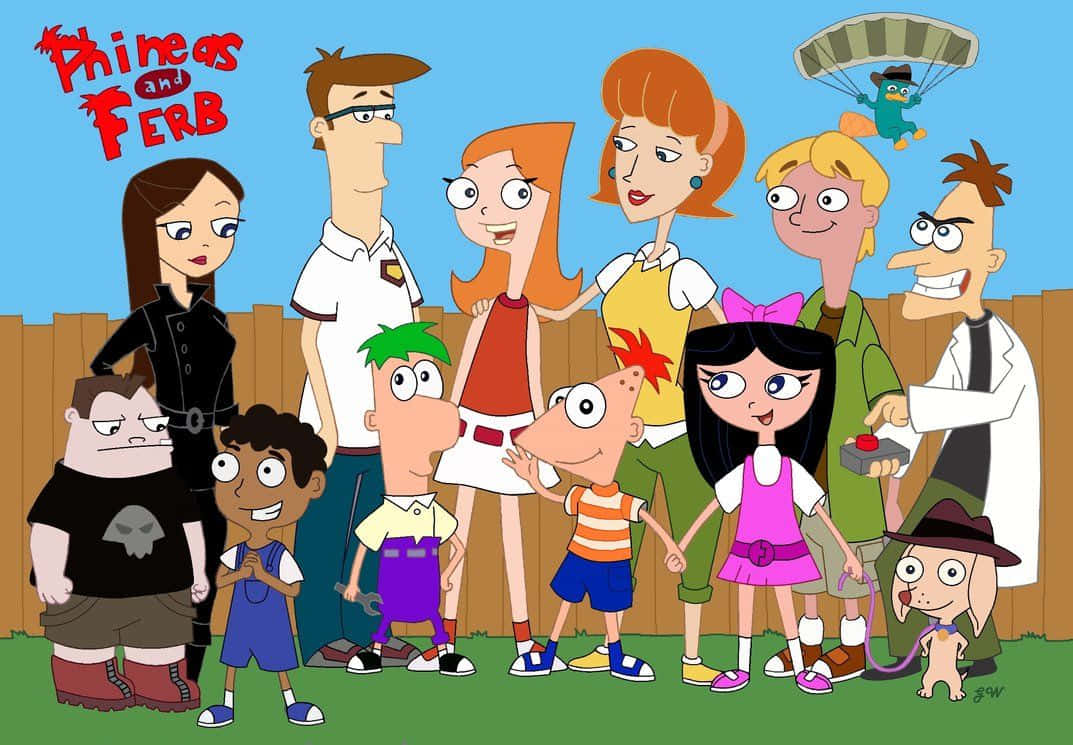 Phineas And Ferb 桌布 壁紙 — 飛哥與小佛的全體演員站在木柵欄前，在晴朗的藍天下，鴨嘴獸佩利在頭頂跳傘。