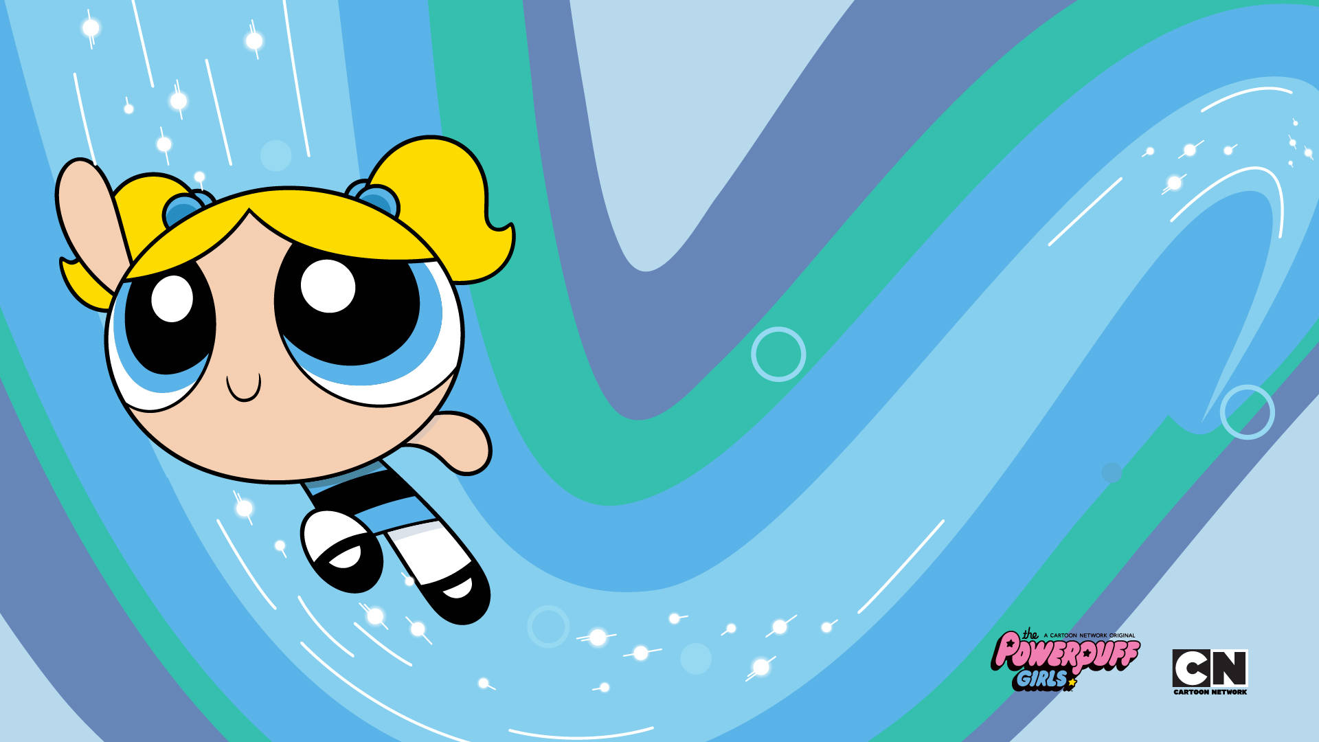 Cartoon Network Characters 桌布 壁紙 — 飛天小女警中的泡泡穿過旋轉的藍色和藍綠色漩渦，伴隨著閃閃發光的運動線條。