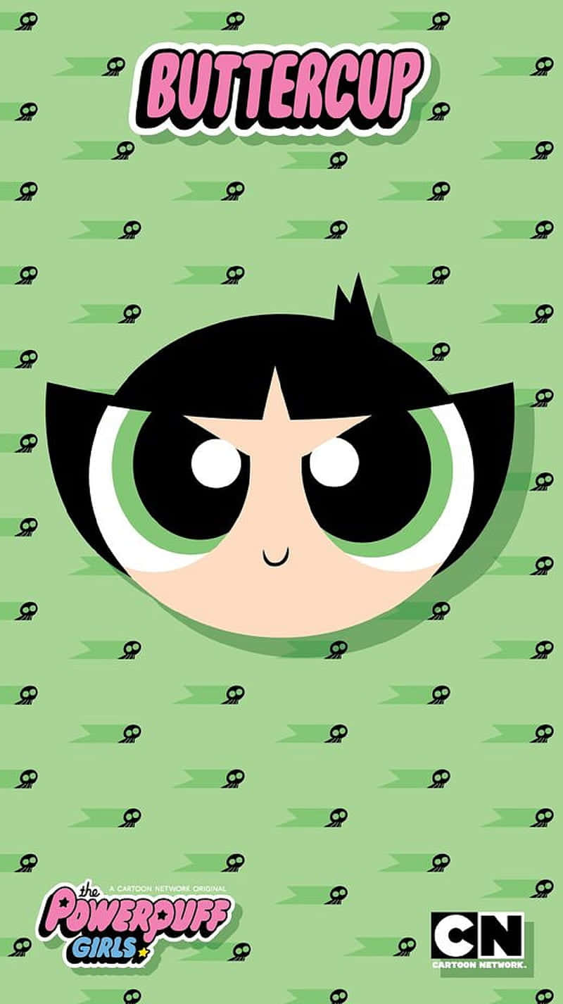 Buttercup Aesthetic 桌布 壁紙 — 飛天小女警中的花花在綠色骷髏圖案背景前，睜著綠色大眼睛凝視。